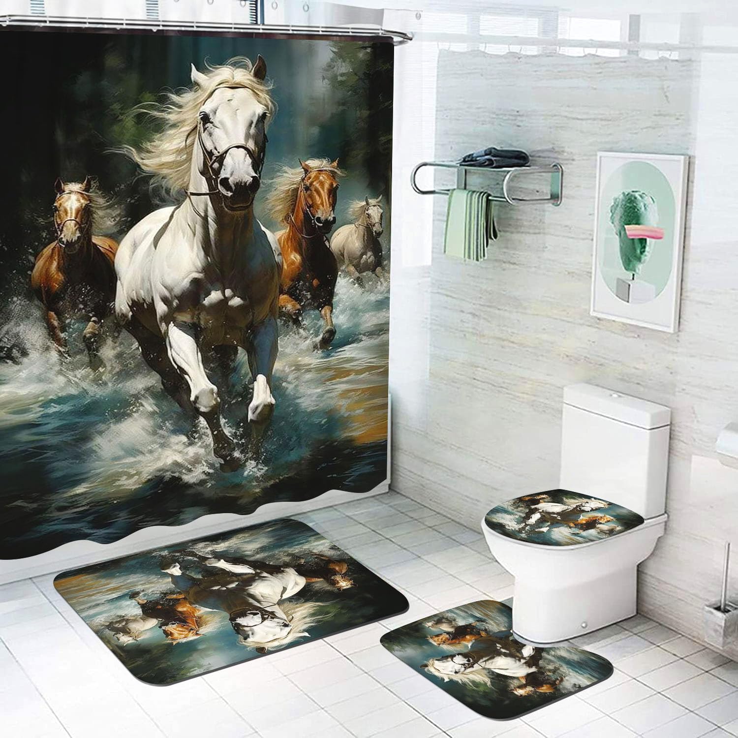 Rideau de douche anti-éclaboussures et ensemble tapis pour salle de bain