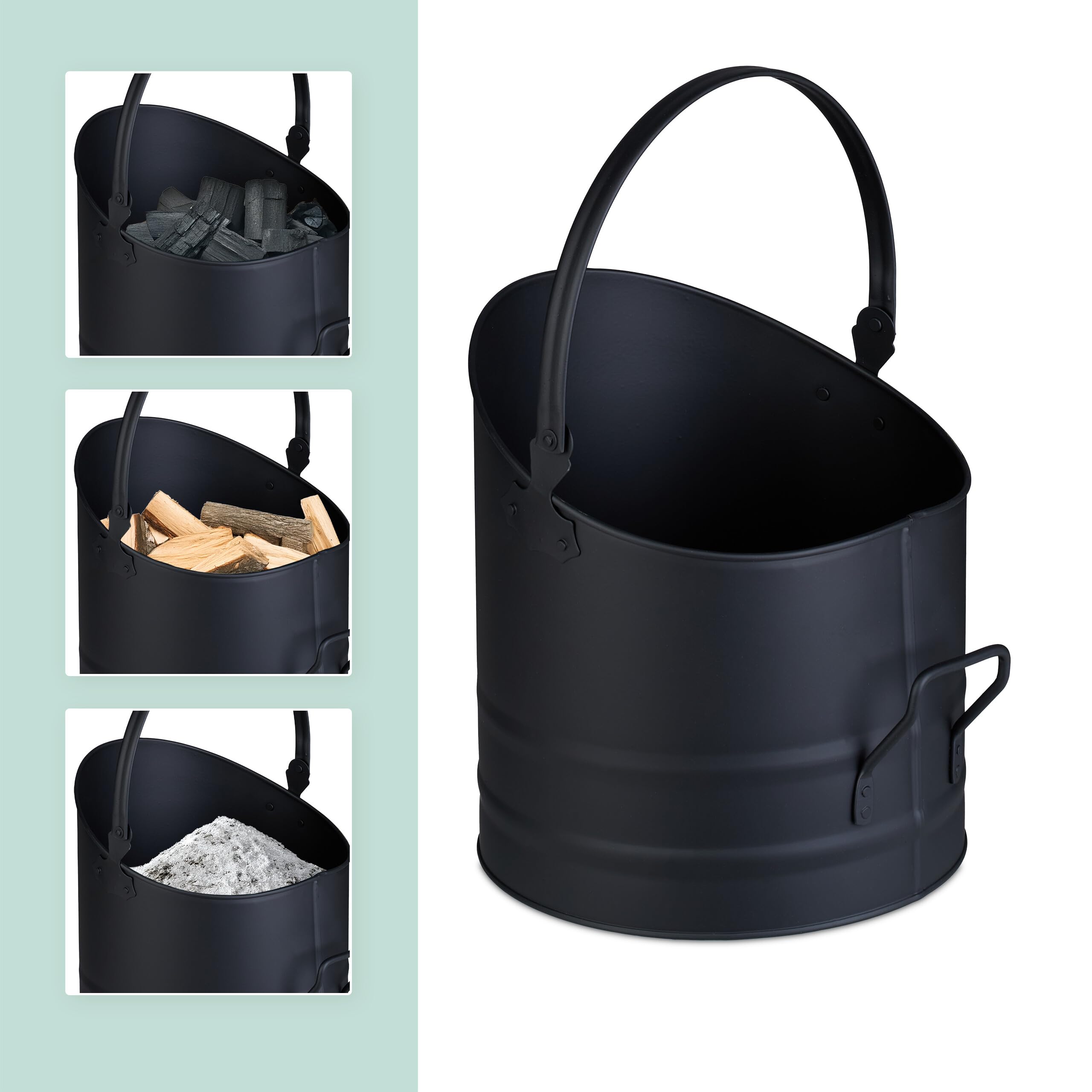 Relaxdays Secchio Raccogli Cenere e Legna da Ardere, Cestello 9,5 L con Scopa e Paletta da Camino, Cestino Ferro, Nero