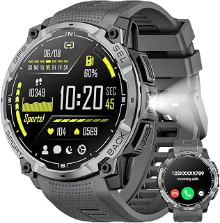 Military Smart Watch for Men with GPS, 1.43" AMOLED Bluetooth Call, LED Flashlight, Rugged Tactical Watch for Android iOS, 3ATM Waterproof Fitness Tracker with Heart Rate Pedometer