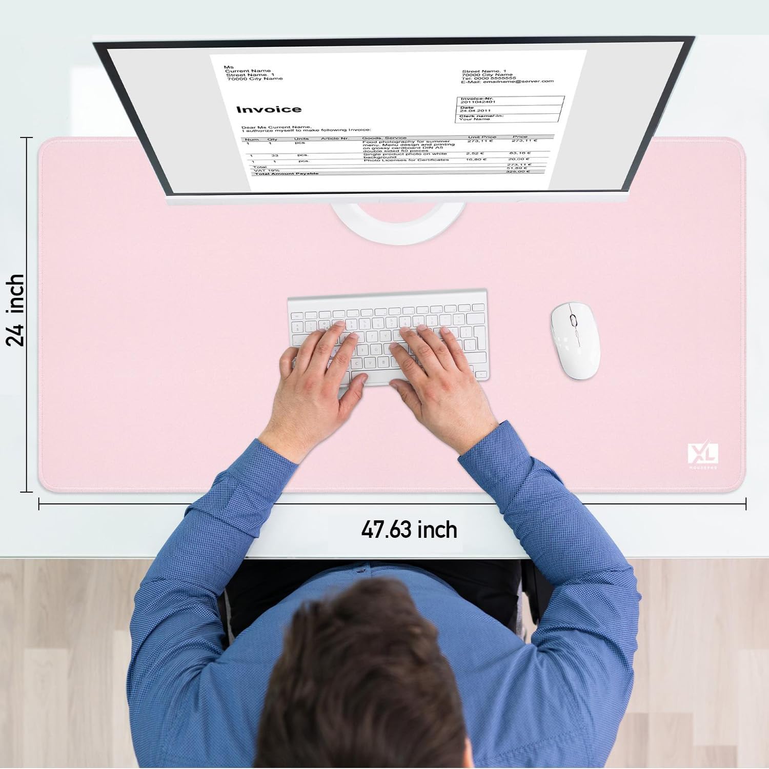 Light Pink 3XL Color Mouse Pad - Oversized (48''x24'') Gaming Desk Pad for Full Desk Setup - Nonslip Rubber Base, Stitched Edges, and Waterproof Design