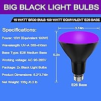 Vista 2 de BR30 - Paquete de 2 bombillas UV negras para fiesta brillante, 15 W (equivalente a 100 W), E26 UVA 385-410 nm, bombilla LED grande de luz negra