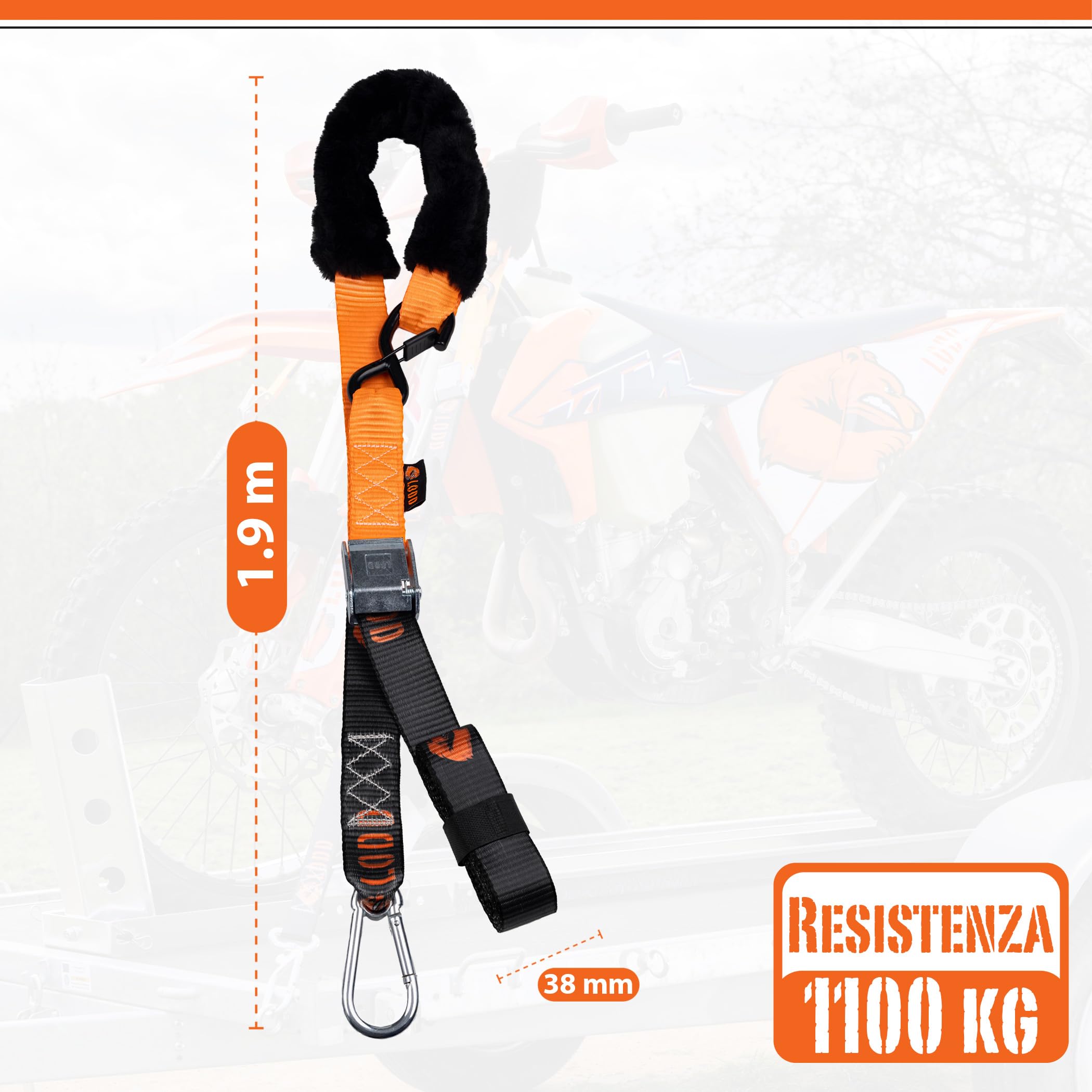 LODD - Cinghie Moto con Fibbie Alta Resistenza, Protezione in Pelliccia | 38mm | Fissaggio Rimorchio Moto Cross, Enduro, Trial, Quad, Trail (Parent) (Fibbia/Moschettone)