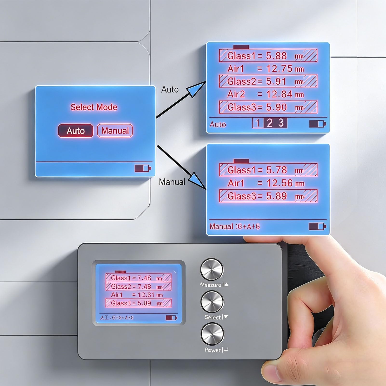 Medidor de grosor de vidrio, herramienta de medición de grosor de vidrio aislante LCD, precisión ± 0,1 mm, rango de 70 mm para vidrio, diseño compacto y portátil