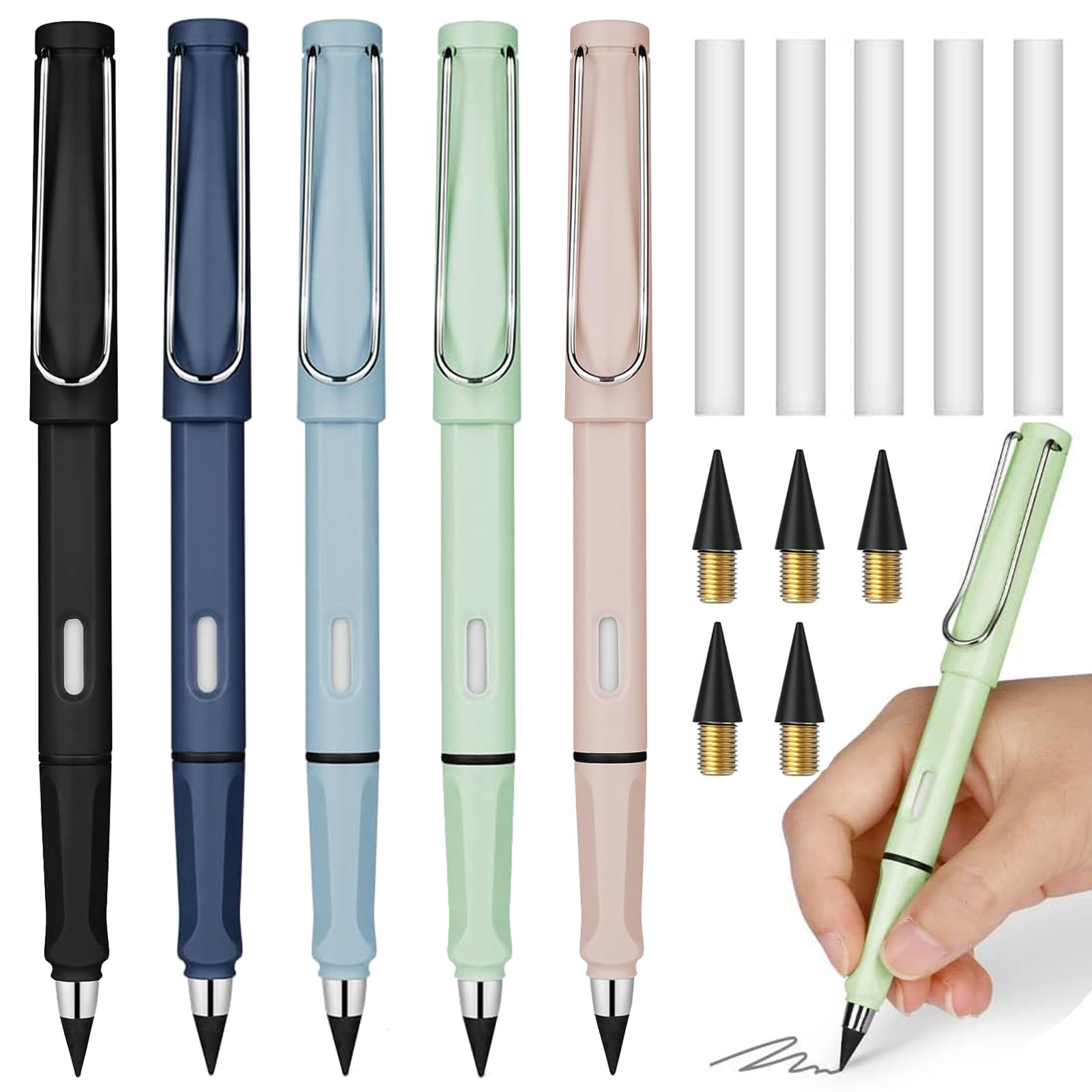 vgggrd 5 Piezas Lapiz Eterno Infinito, Lápiz Sin Tinta Portátil, Lápiz Reutilizable con 10 Puntas de Repuesto y 5 Borrador para Dibujo Escritura Oficina