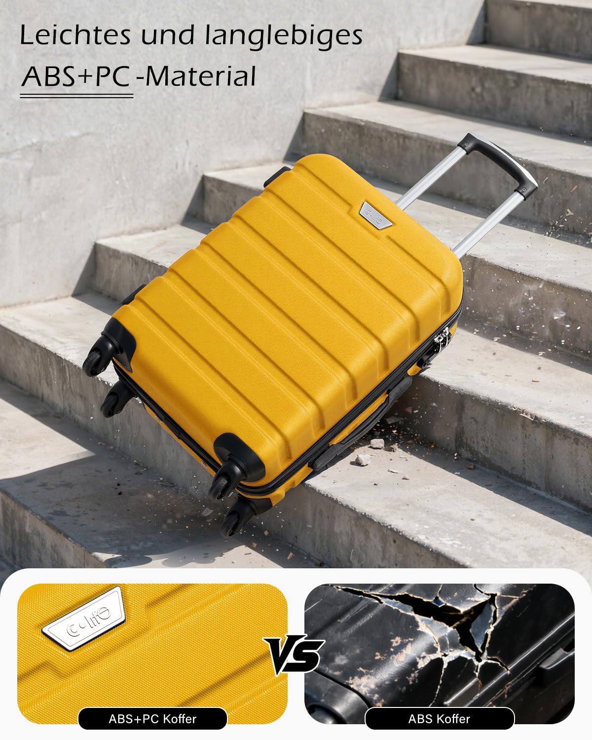 COOLIFE Koffer Hartschale 67cm PC+ABS Leicht Trolley YKK Reißverschluss TSA-Schloss Gelb