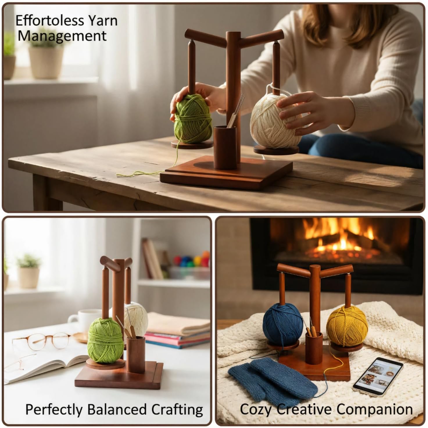 Crochet Yarn Holder with Phone Stand, Magnetic Double Spindles Yarn Holder Spinner, Solid Wood Yarn Spinner with Crochet Accessories Storage, Walnut