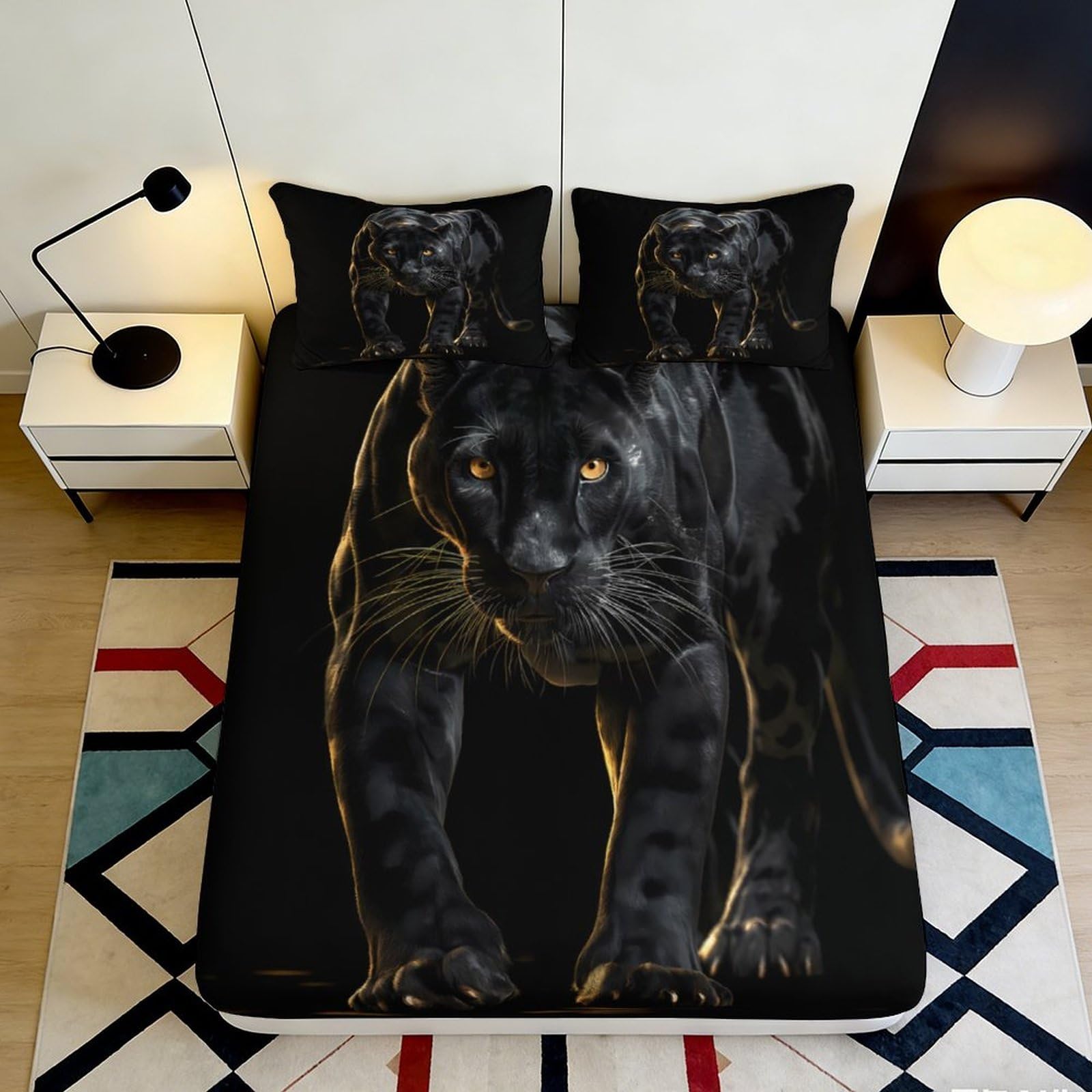 3D Printed Black Panther Fitted Sheet Microfiber Soft Breathable Panther Cub Bed Cover for Bedroom Dormitory Guest Room Mattress Protection Decor 180x200x25cm