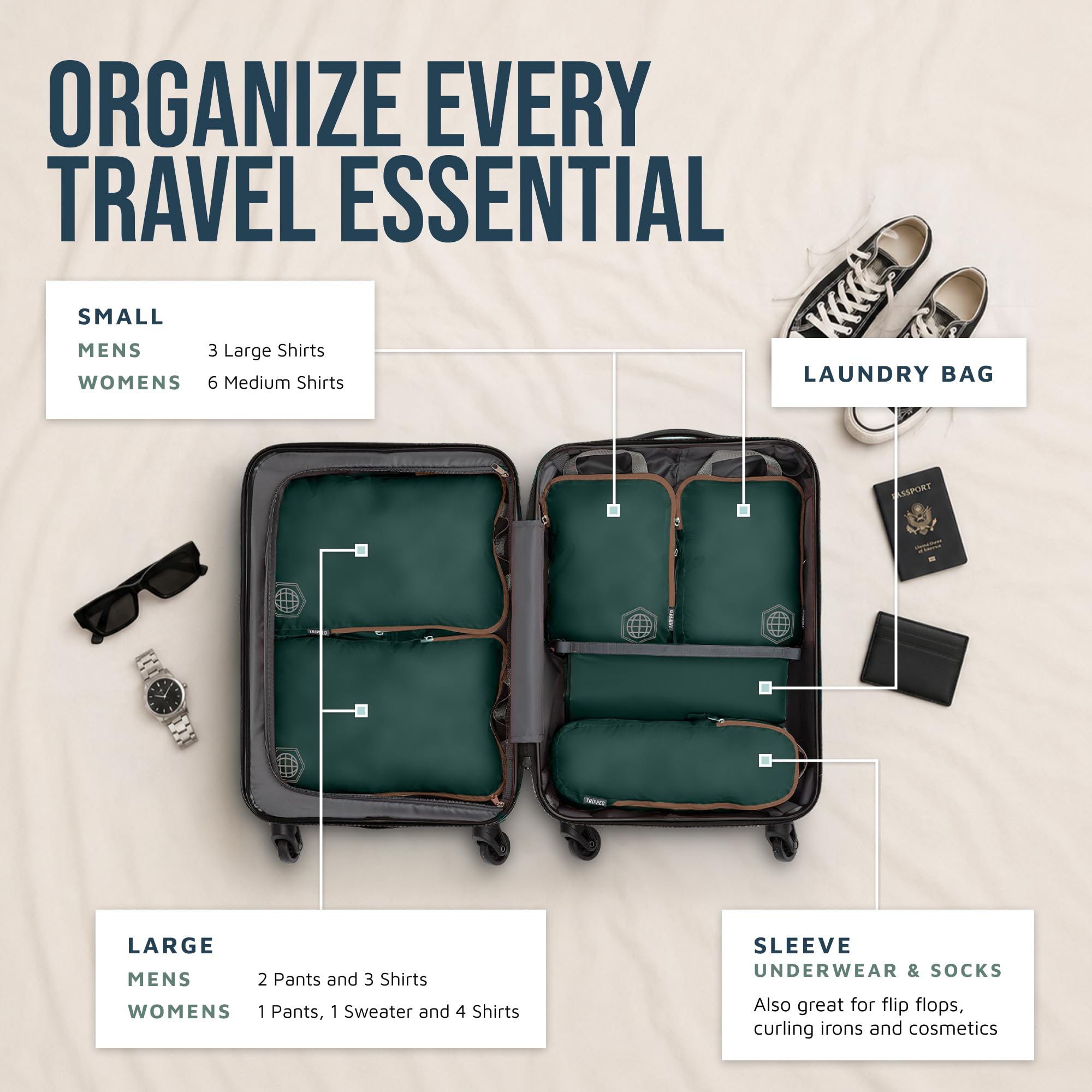 TRIPPED Travel Gear - Juego de bolsas de compresión para viaje, en forma de cubo, ligeras y duraderas, para maletas, 6 Piece, Classic
