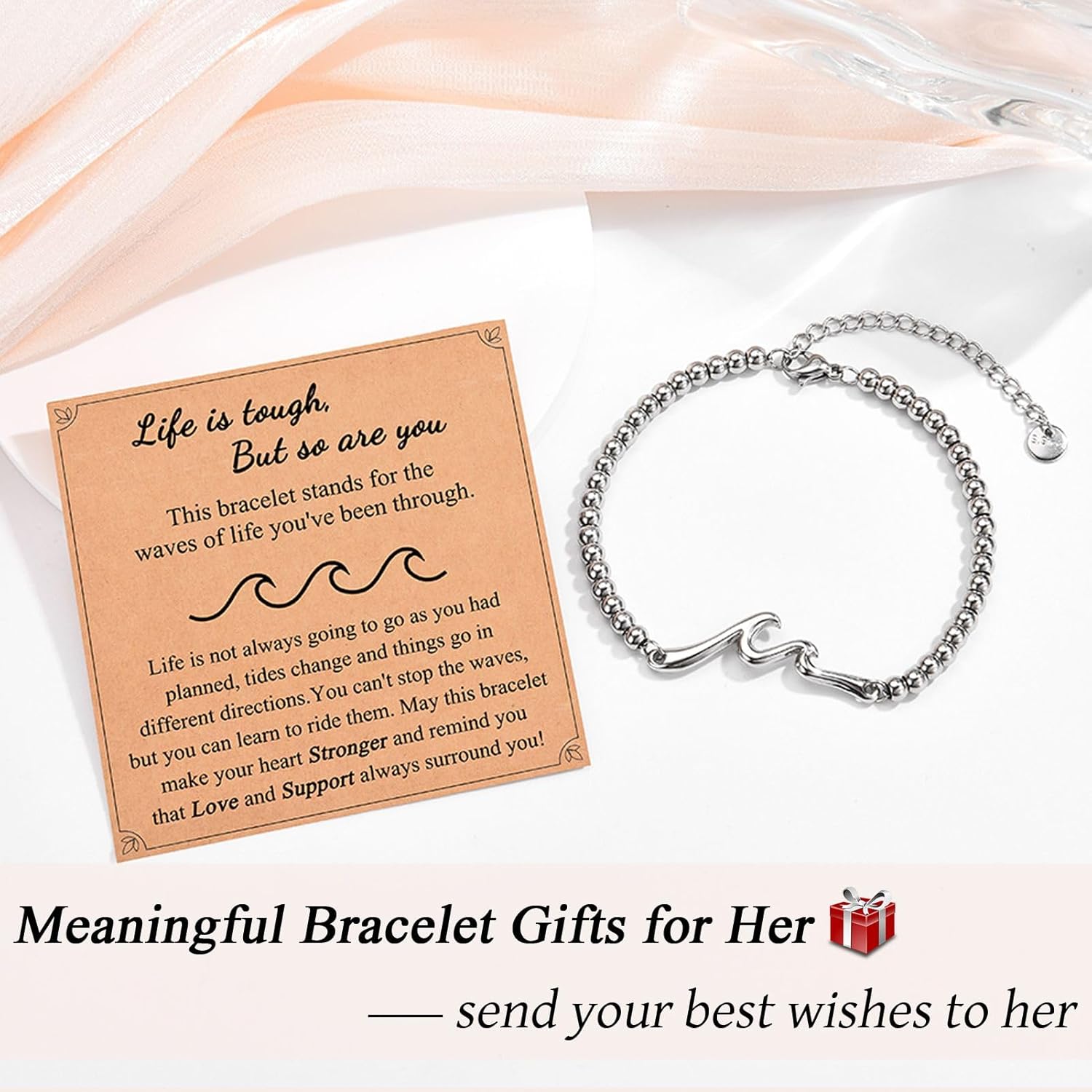 Inspirational Gifts for Women, Wave of Life Inspirational Bracelet, Thinking of You Cheer Up Get Well Encouragement Gifts for Women Friends, Life is Tough But So are You - Image 3