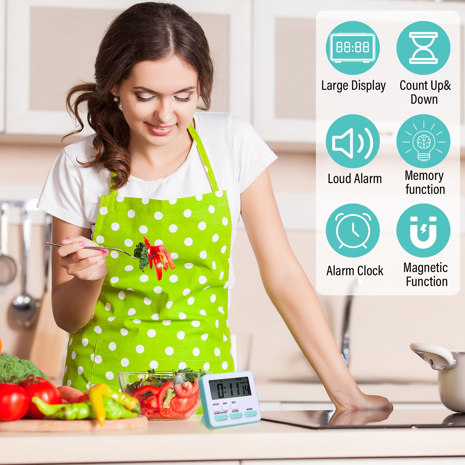 Leumoi 6 timer da cucina digitale 24 ore e funzione sveglia, timer on/off, minuti secondi, conto alla rovescia, allarme forte per esercizi di cottura