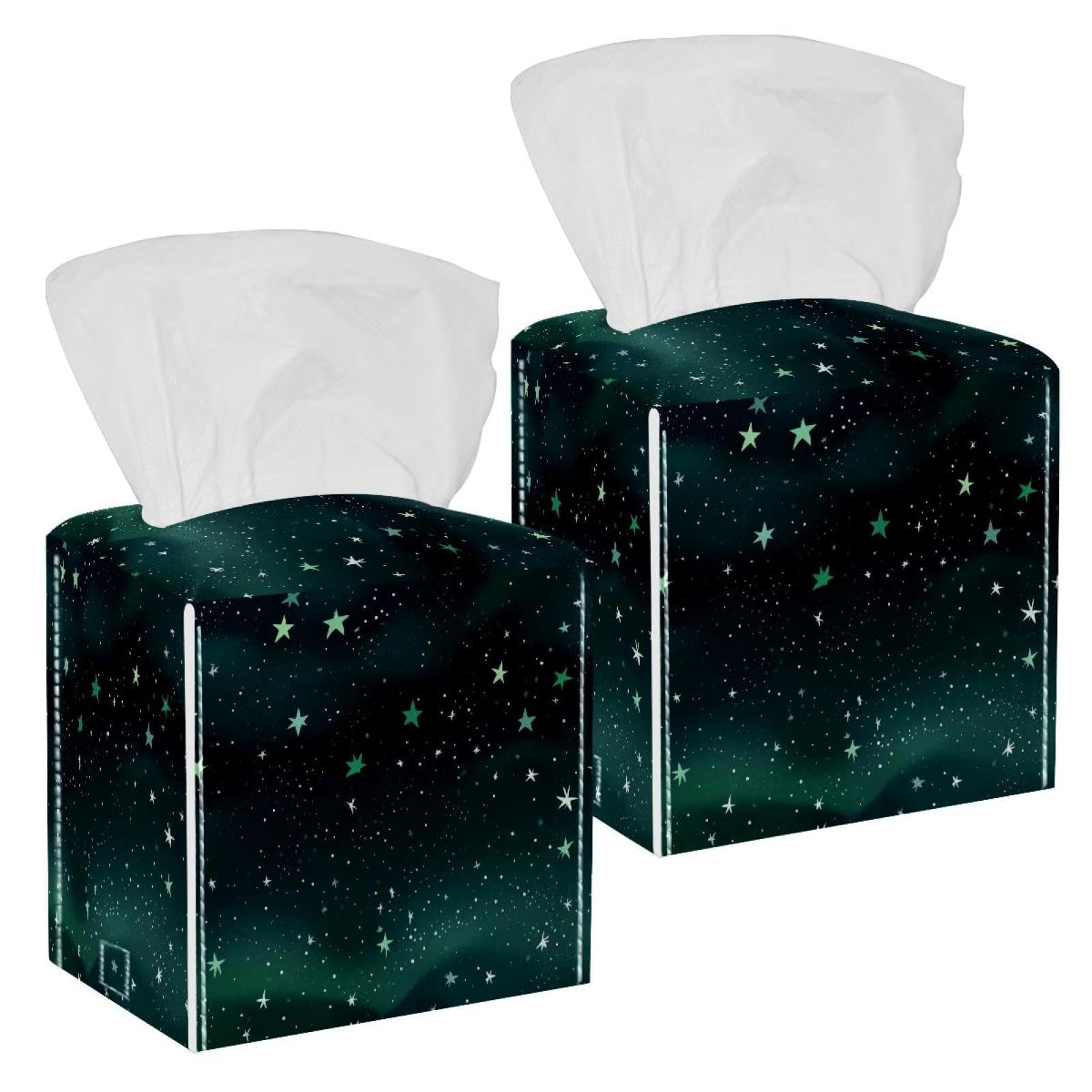 Green Starry Sky Tissue Box Cover, 2 Pack PU Leather Square Facial Tissue Dispenser Box holder for Home Office Car