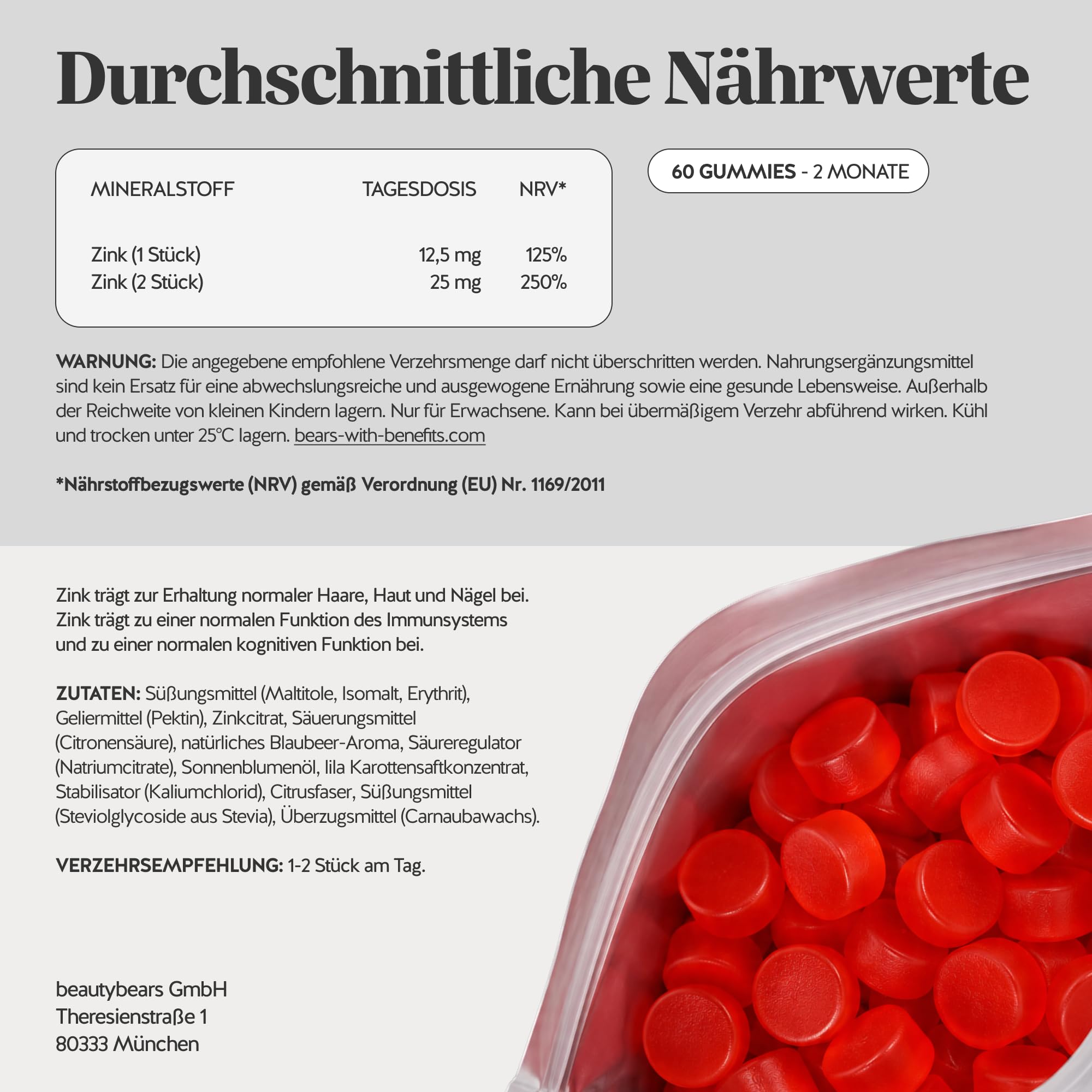 Bears with Benefits - Gummibärchen Zink - Haare & Nägel - 60 Stück