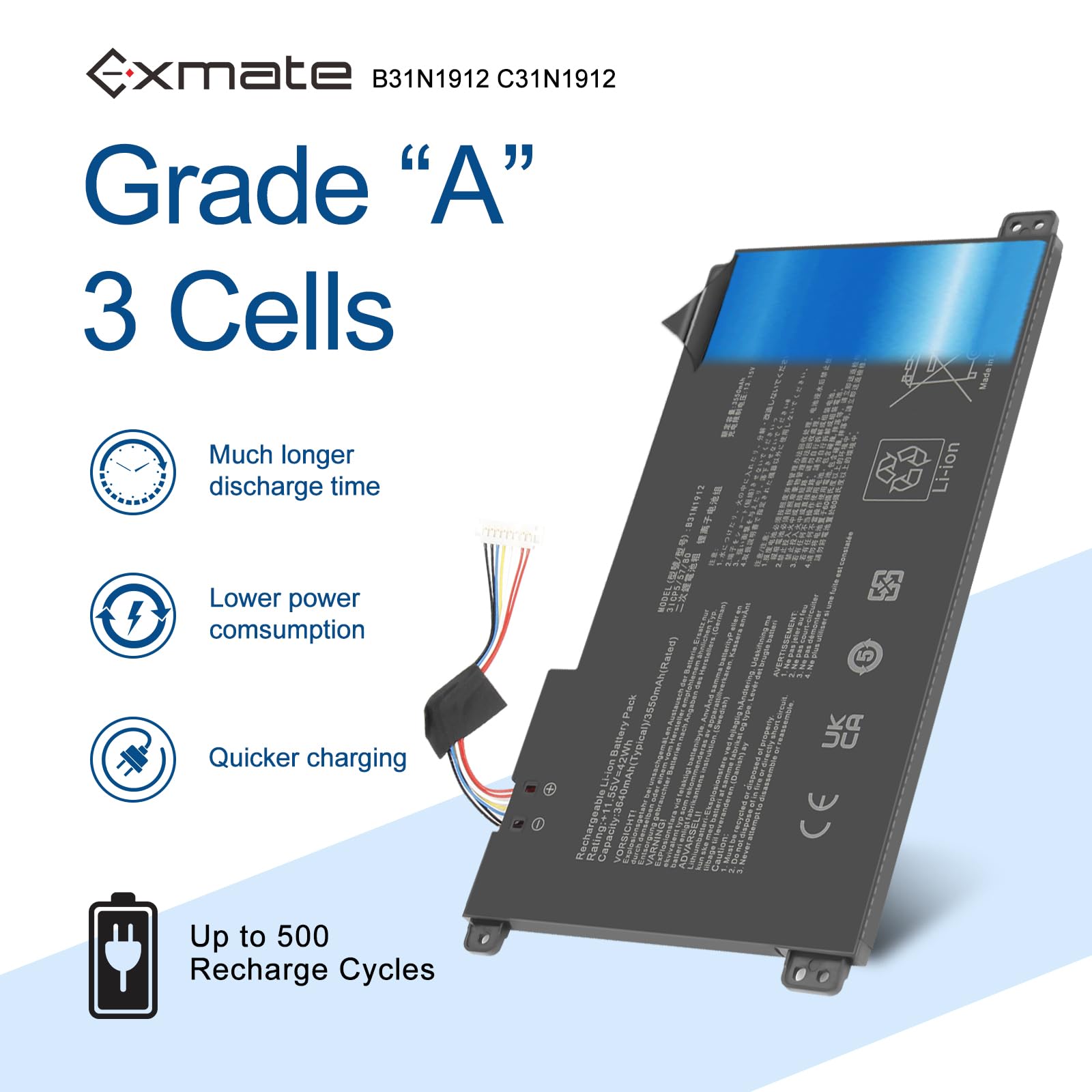 Exmate C31N1912 B31N1912 bateria do Asus VivoBook Go 14 15 E410 E510 L410 L510 E410MA E510KA E510MA L410M L510MA F414MA R522M E410KA-EB1-E 85WS E410KA-EB241WS (11.55V / 42Wh)
