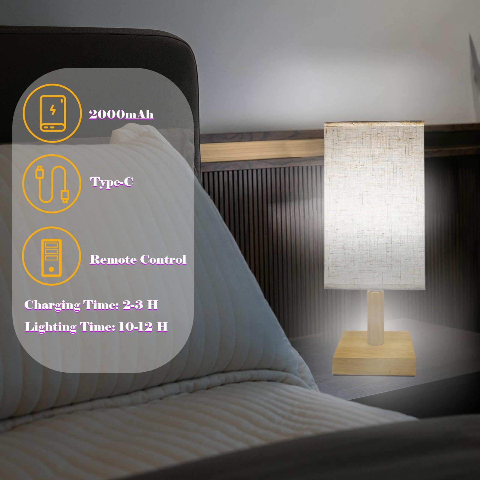 Joyes Rechargeable Table Lamp, Cordless LED Lamp with Fabric Shade, Dimmable, Remote, 4 Color Temps, Timer - Image 3