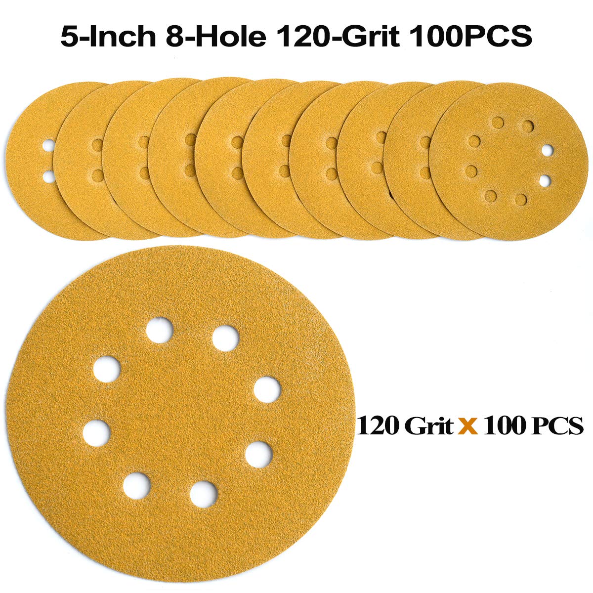 5-Inch 8-Hole Hook and Loop Sanding Discs 120-Grit Random Orbit Sandpaper, 100-Pack: Tools & Home Improvement