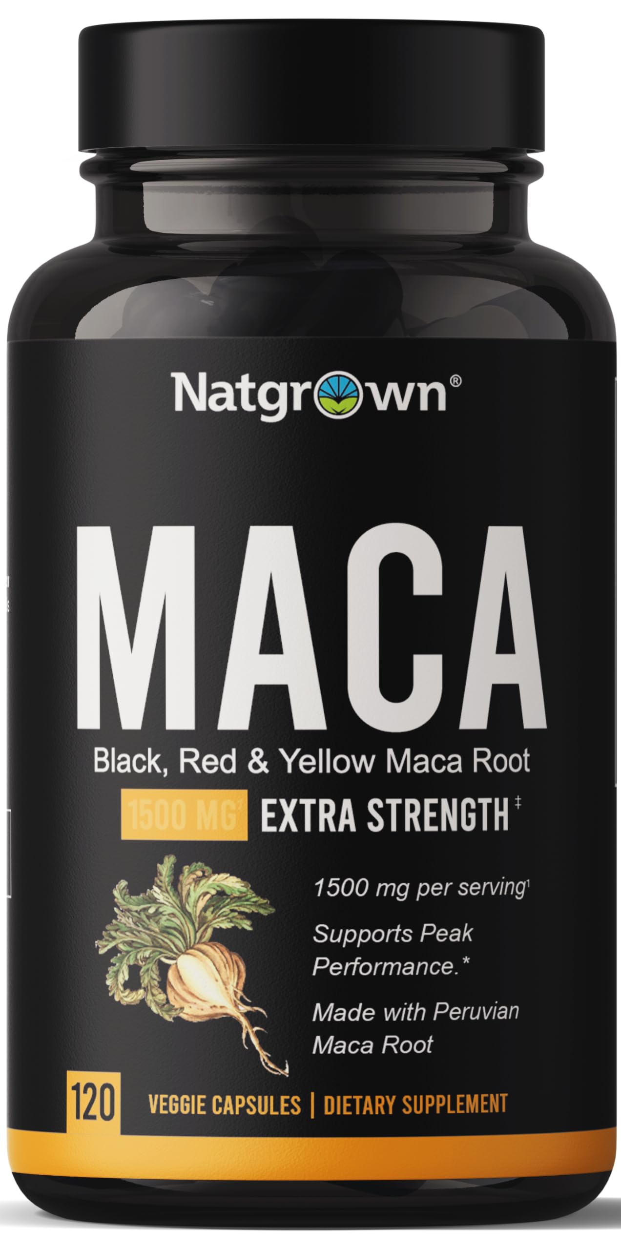 Natgrown Organic Maca Root Powder Capsules - Black, Red & Yellow - 120 ct