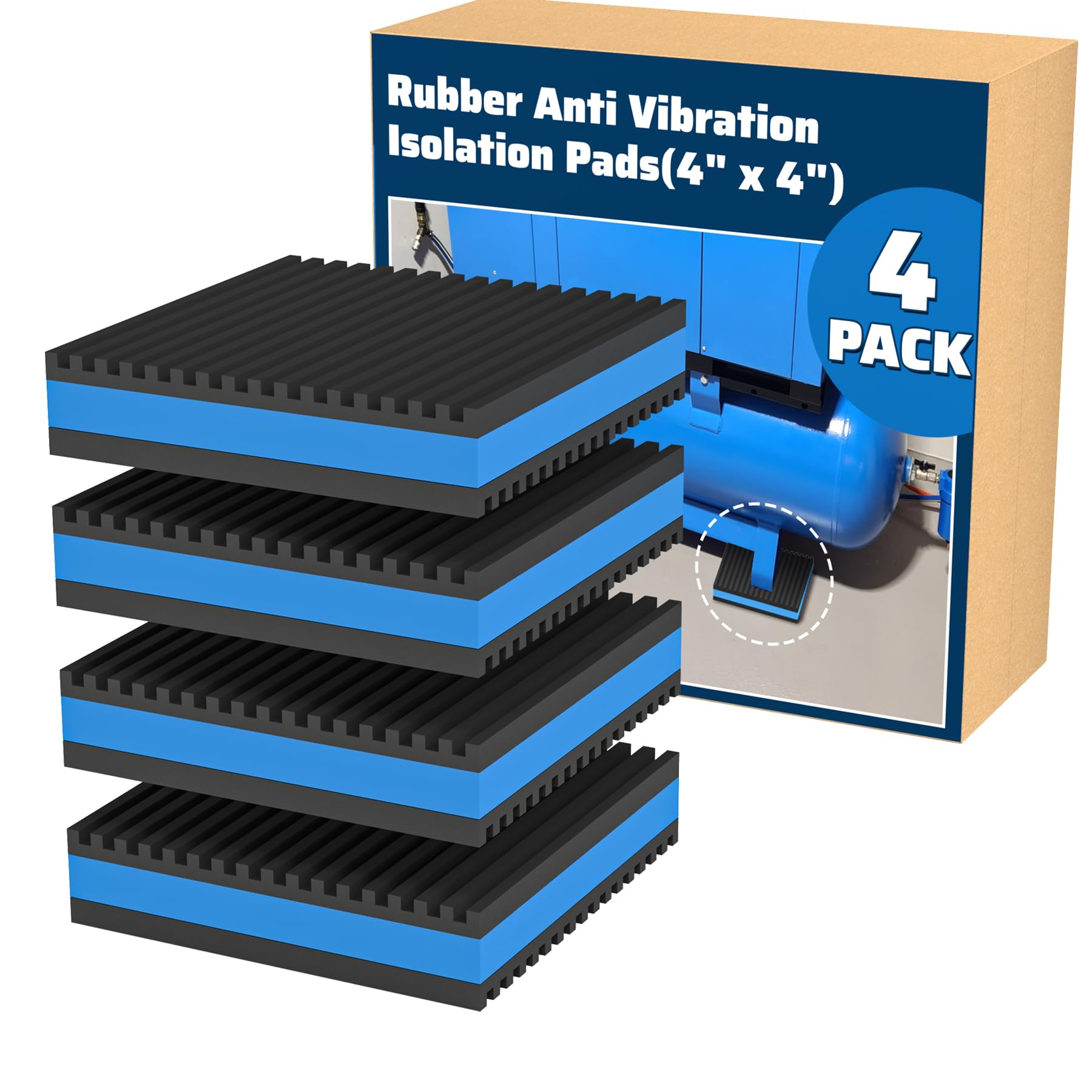 4 Pack Rubber Anti Vibration Pads 6" X 6" X 7/8", Heavy Duty EVA Vibration Isolation Pads for Compressos, Conditioner, Treadmill, Washing Machine, Dryer, Rubber Isolation Pads