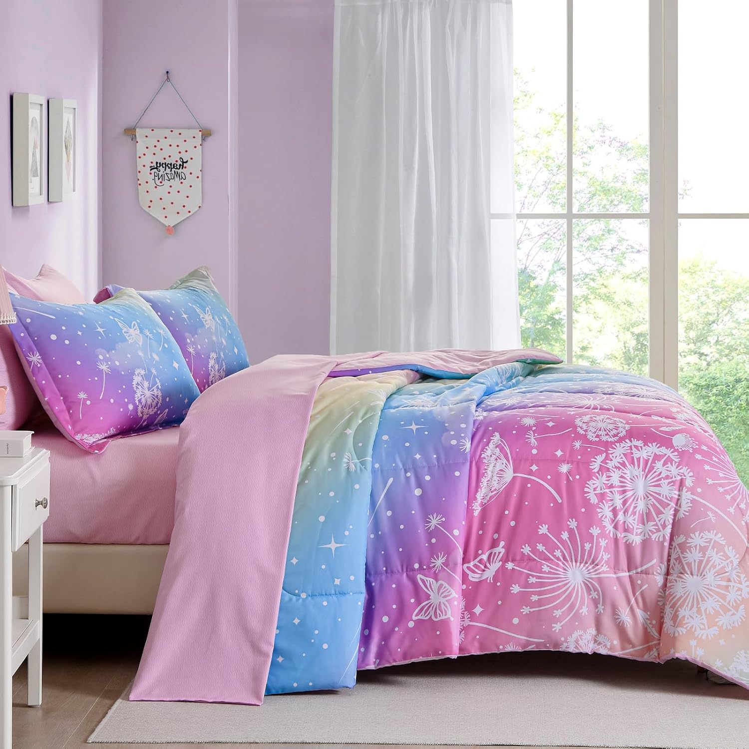 Menghomeus Girls Comforter Set Queen Size 7 Pieces Bed in A Bag Ombre Pink Rainbow Bedding Set Dandelion Butterfly Print Kids Bedding Collections