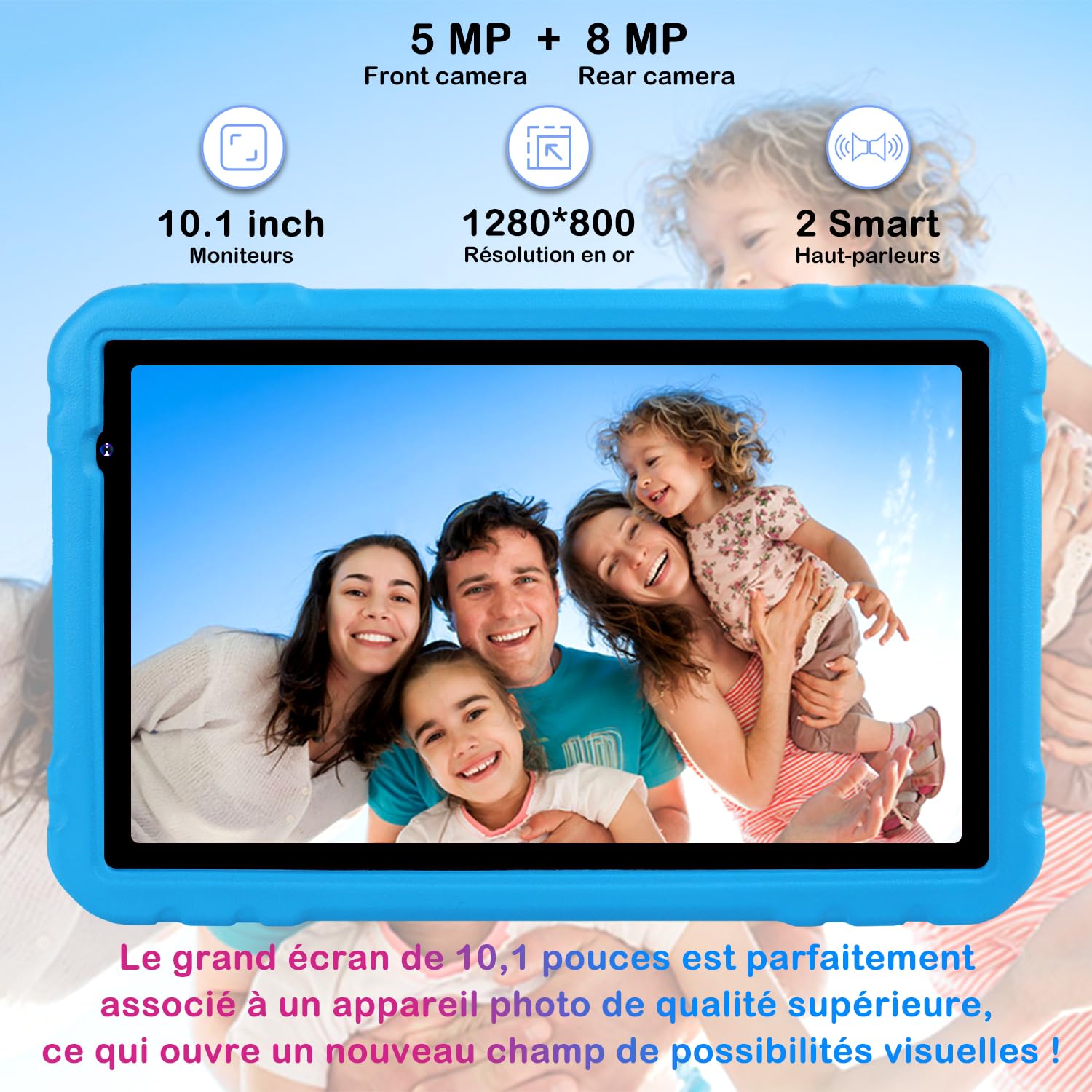 Tablette enfants 10 Pouces Android, 22GO + 128 GO (TF 1TO), WiFi 6, 8000 mAh, Widevine L1,GPS, Face ID, Octa-Core, Contrôle Parental, EVA Étui de Protection Antichoc, 360° Rotatif Support - Bleu