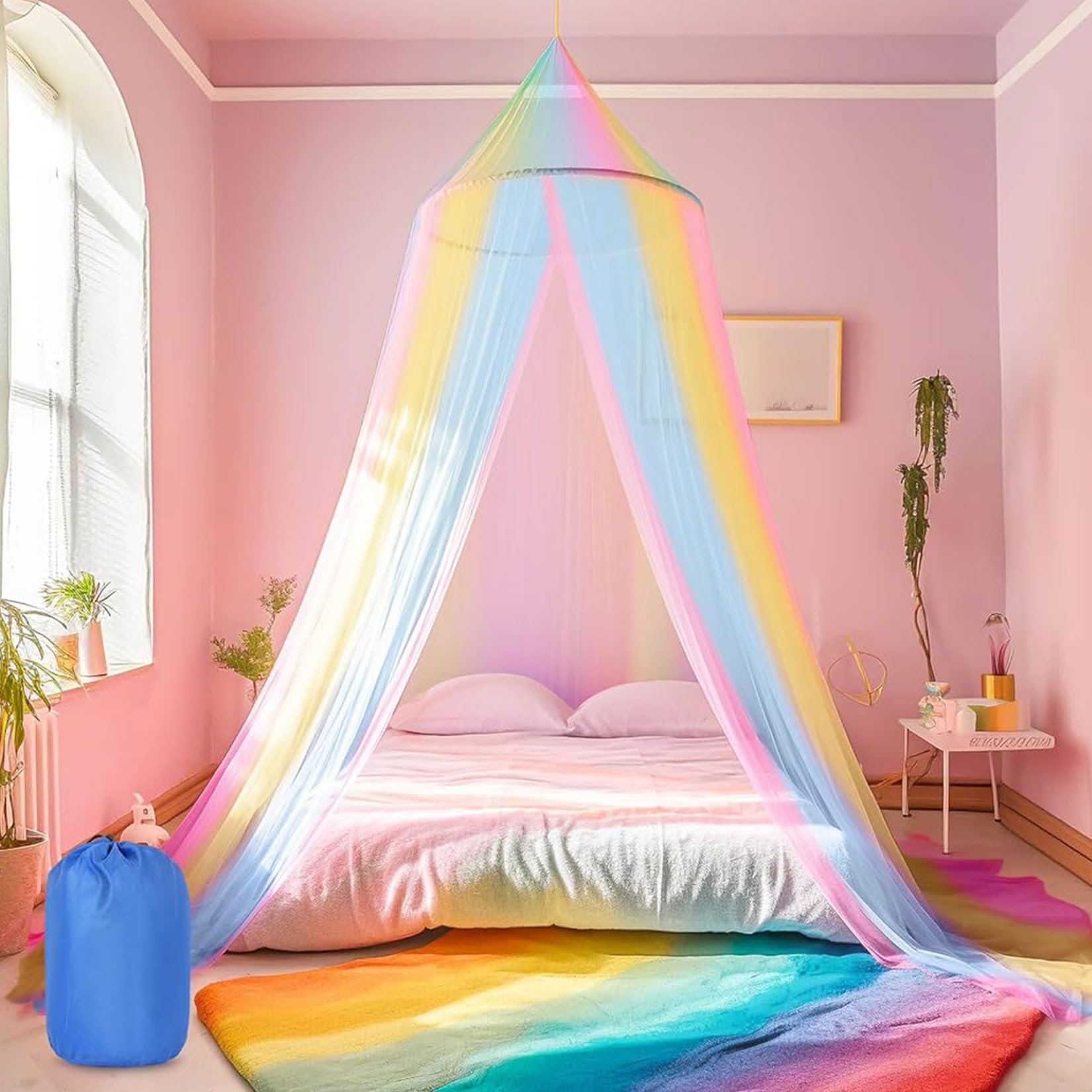 Mosquitera para cama grande, 60 x 250 x 1200 cm, arco iris, mosquitera para cama de matrimonio de malla fina con bolsa de almacenamiento, mosquitera colgante para camping, casa, cunas