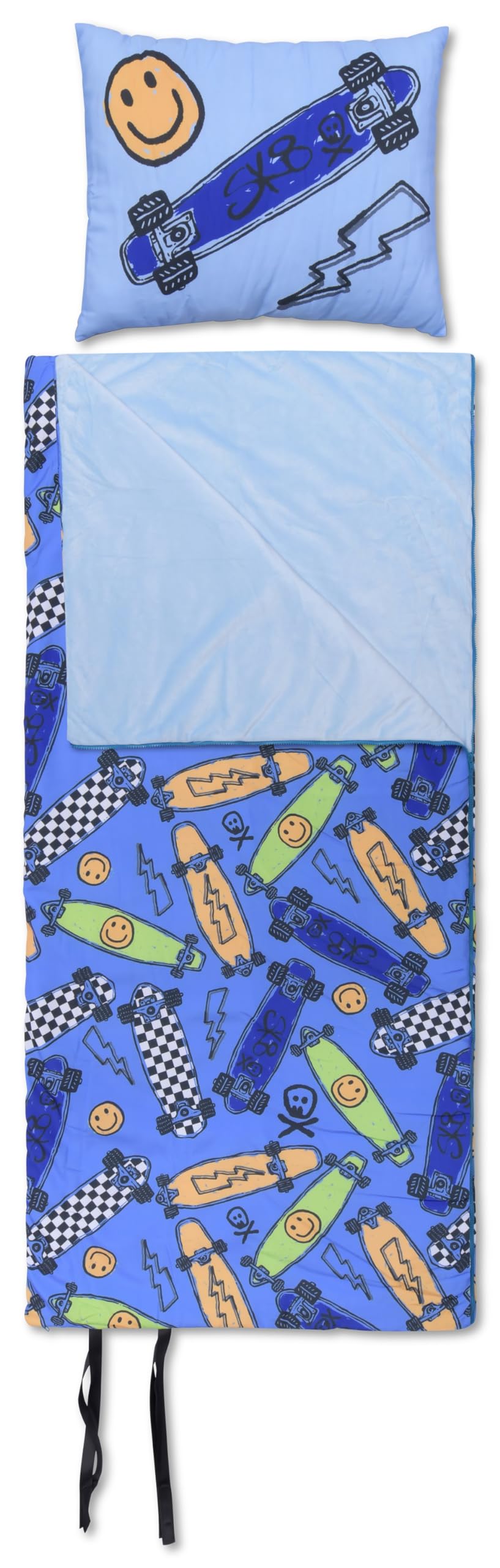iscream Bold Print Cozy Silky Soft Fleece Lined Sleeping Bag and Pillow Set for Kids - Sk8board
