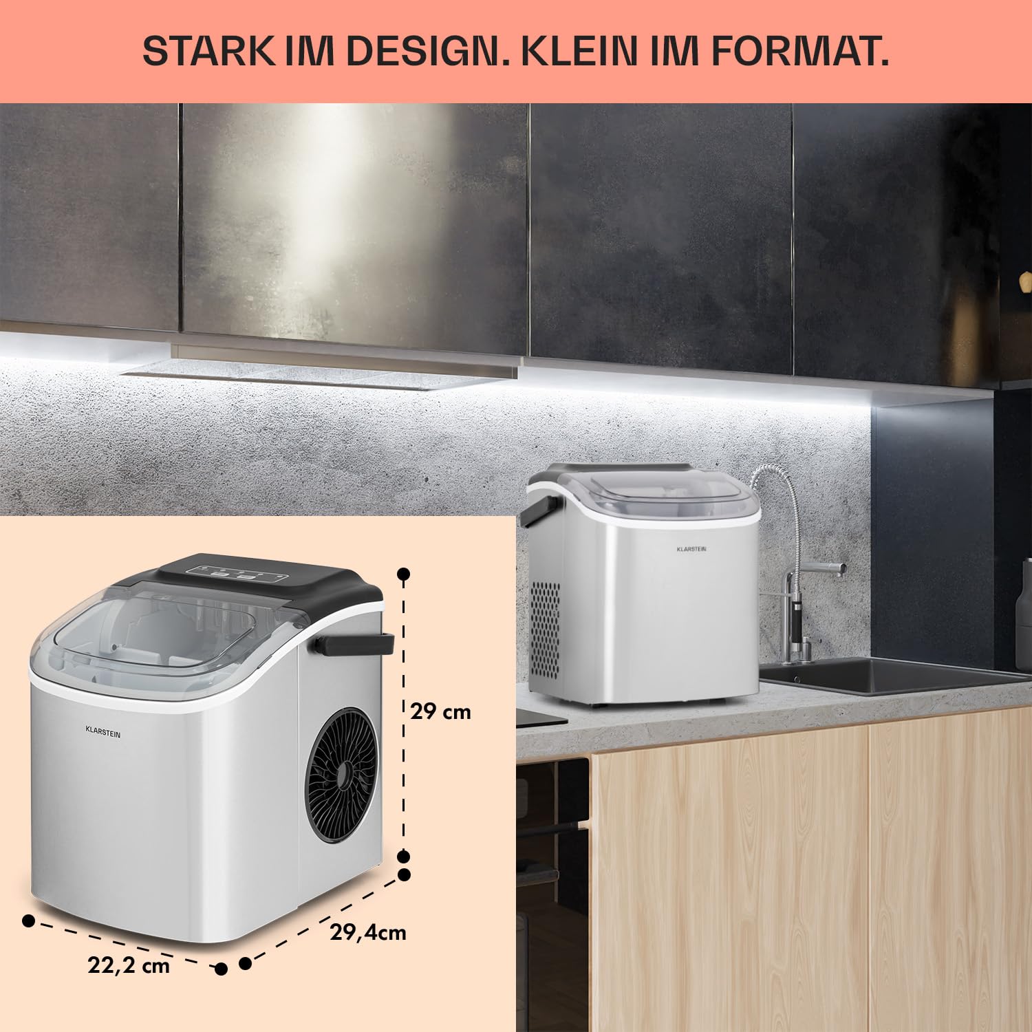 Klarstein Eiswürfelmaschine für Zuhause Camping Gastro, Schnelle Mini-Eiswürfelmaschine Klein, Profi Eismaschine für Große & Kleine Eiswürfel, Selbstreinigend, 1,3L Wassertank, 12kg Eis in 24h