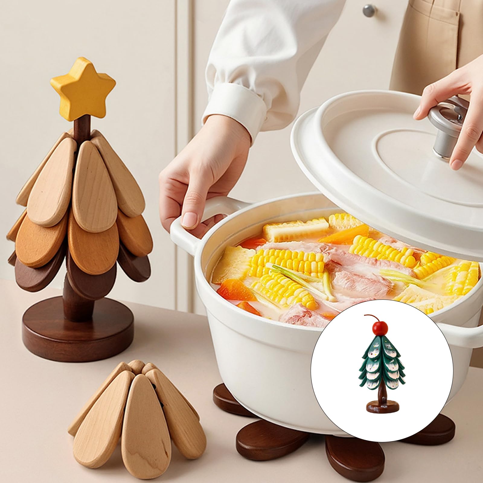 Juego de manteles individuales de Navidad, salvamanteles de madera, posavasos, salvamanteles de madera para platos calientes, soporte para sartén caliente, juego de salvamanteles para árbol de Navidad