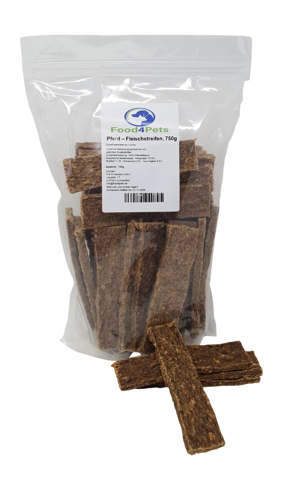 Food4Pets Pferdefleischstreifen 750g – Natürliche Hundeleckerli, getreidefreie Kaustreifen für Hunde zur Zahnpflege und als Belohnung