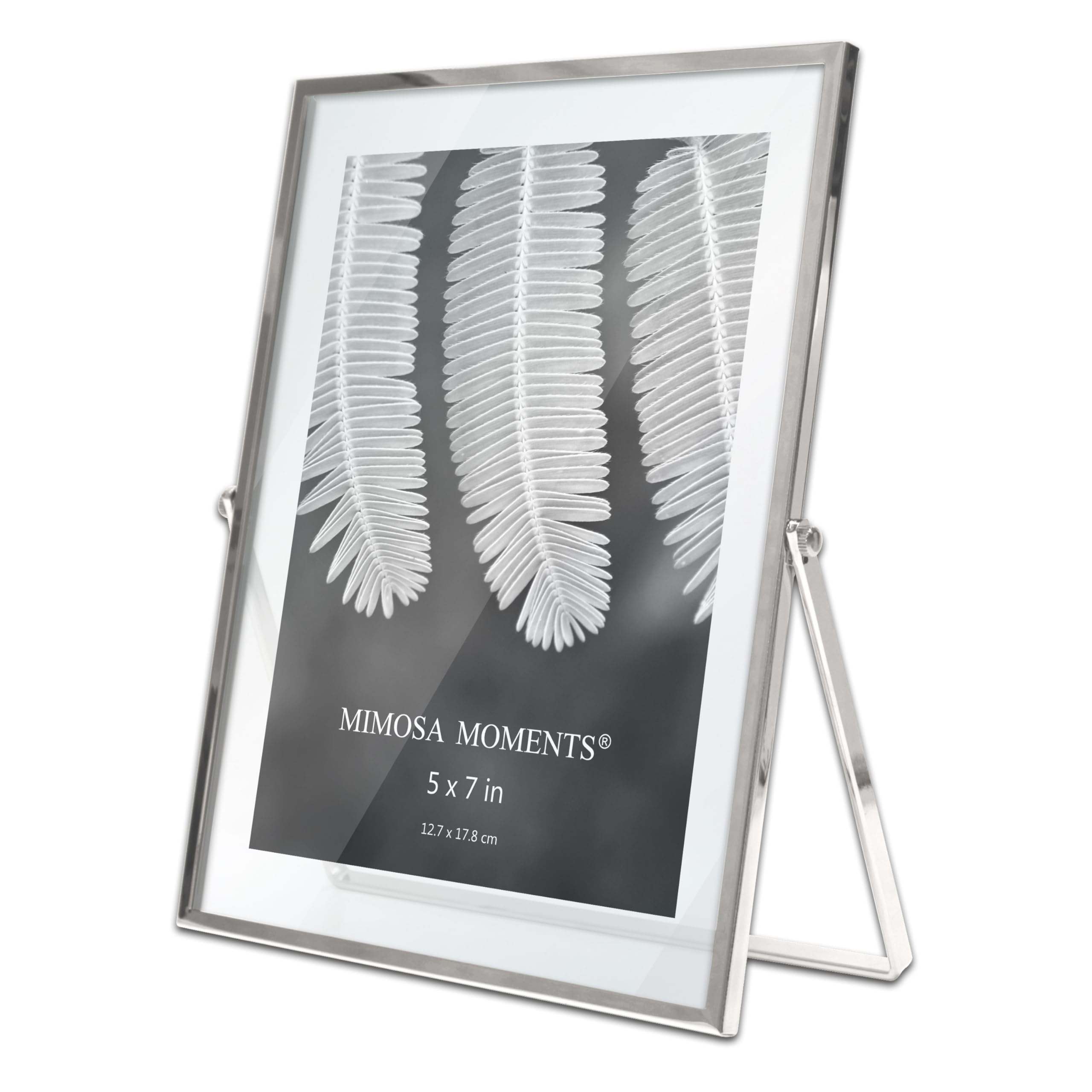 MIMOSA MOMENTS 5x7 Silver Metal Floating Picture Frame, Double Glass Tabletop Display, Modern Minimalist Photo Frame for Home & Office Decor