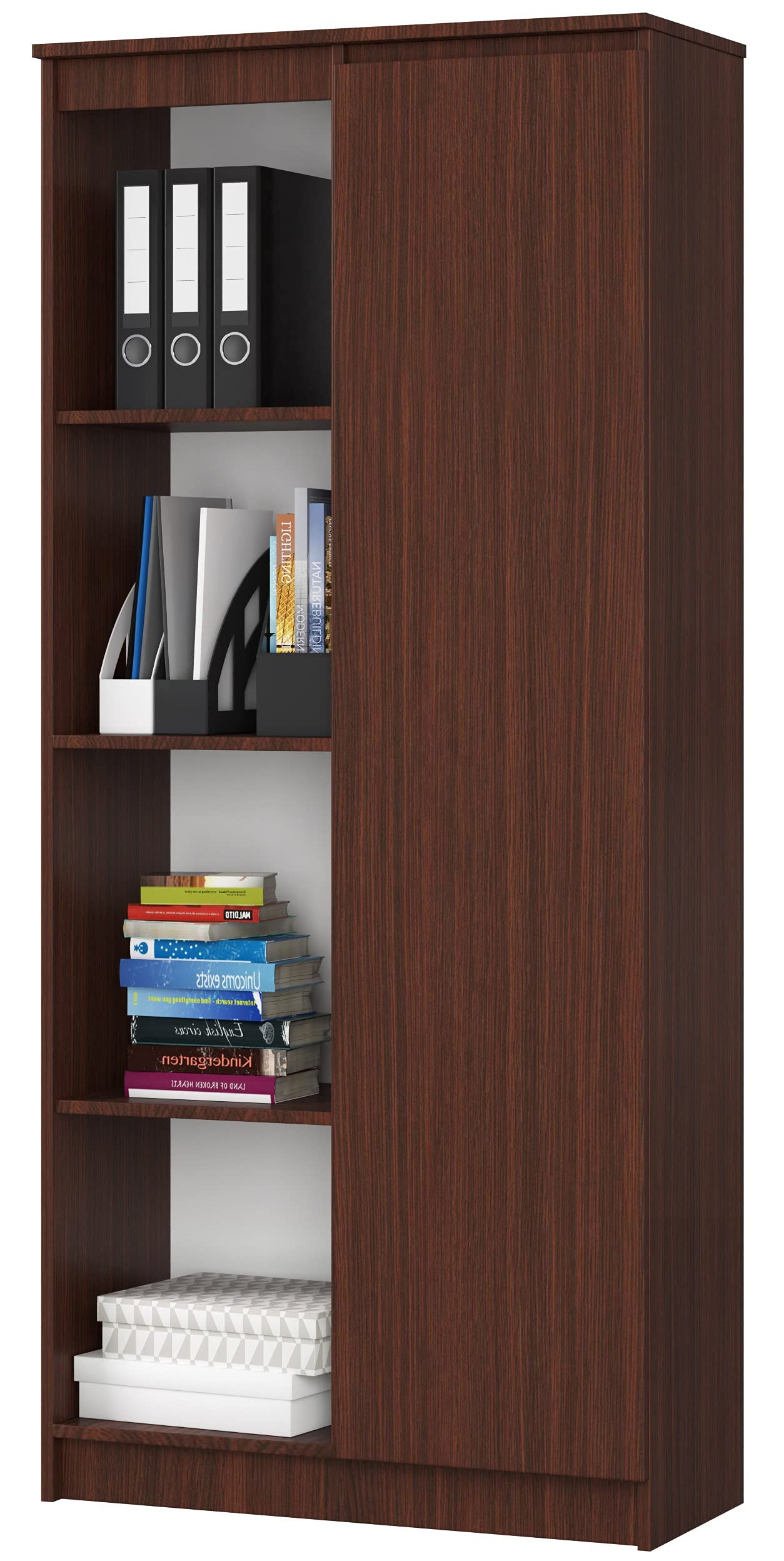 AKORD | Libreria per ufficio CLP 80cm | 4 Ripiani esterni 1 Anta | Scaffale Soggiorno | Porta Libri | Mobile Moderna con Ripiani | Salvaspazio | Librerie da Terra | Wengé