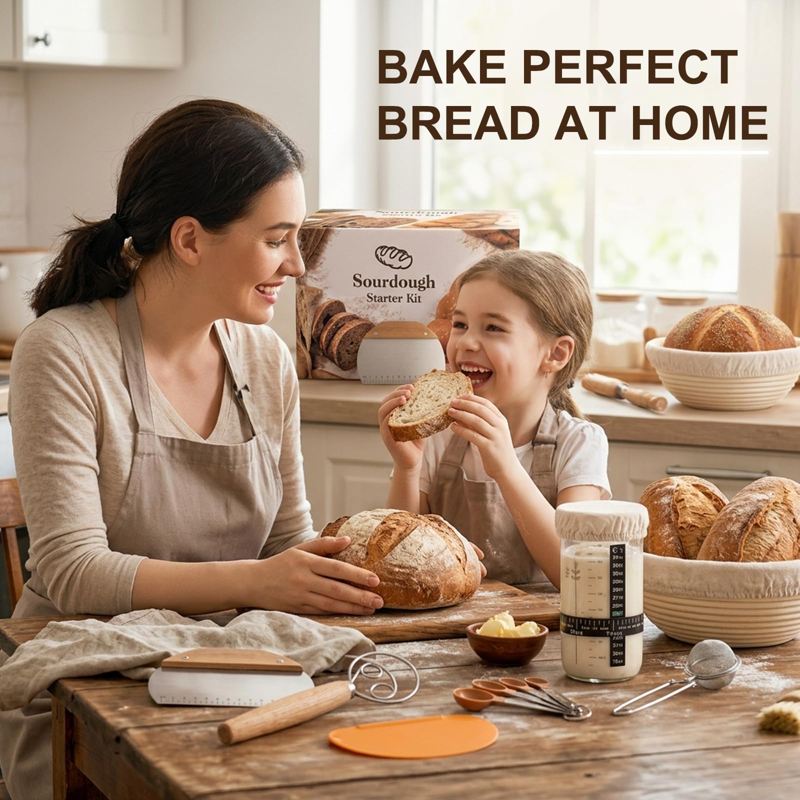 Kit de Masa Madre para Pan de 52 Piezas, Cestas de Fermentación de 25 cm y 23 cm, Tarro de Cristal de 700 ml, Set de Accesorios para Panadería, Sourdough Starter Kit para Principiantes y Panaderos