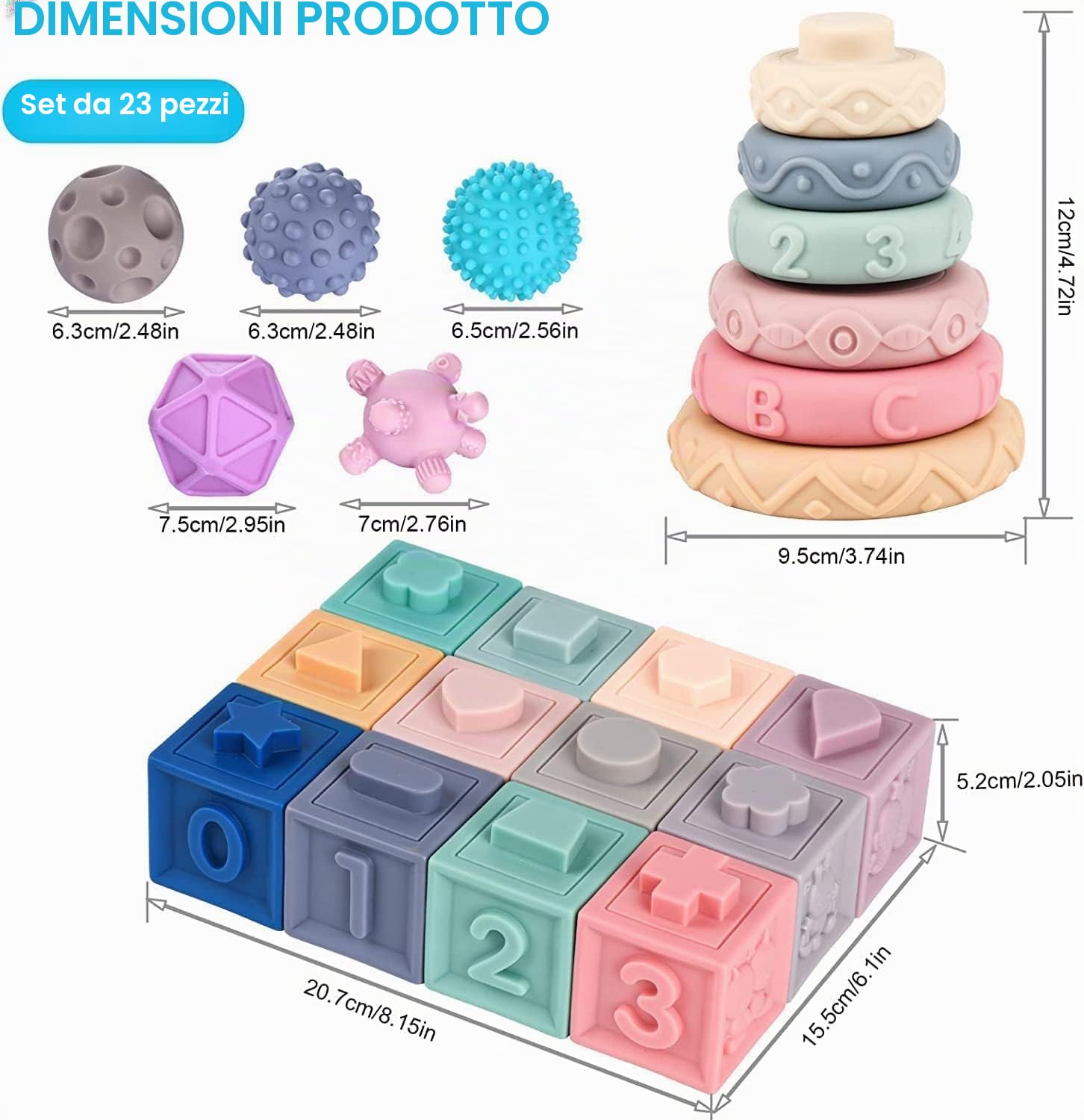 Giochi Neonato 6 Mesi, Giochi Montessori 1 Anno Sensoriale, Teether Giocattoli sensoriali Montessori educativi morbidi da impilare, Regali per Bambini da 6 9 12 Mesi