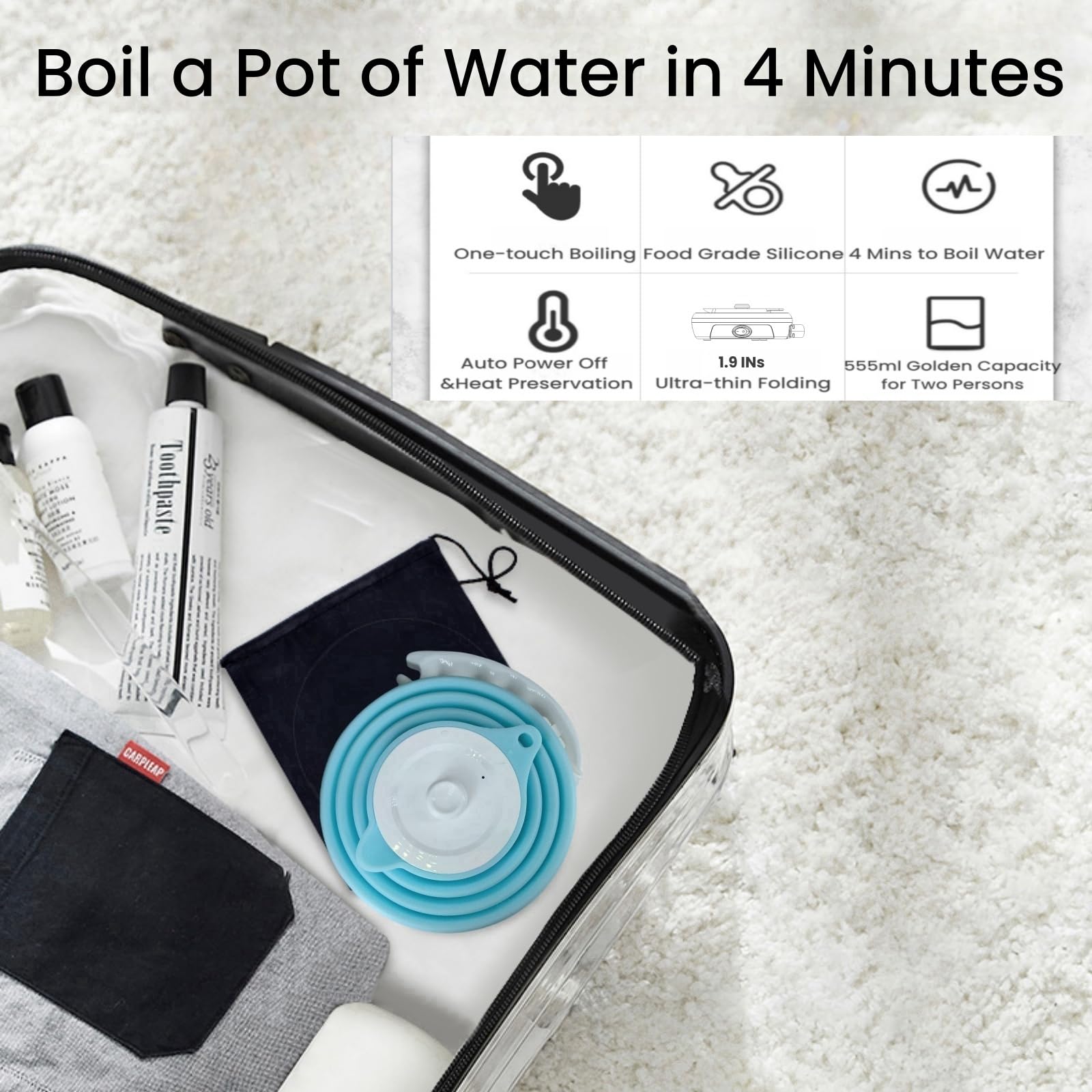 Bouilloire électrique de voyage, petite, portable, bouilloire électrique pliable, bouilloire à thé en silicone de qualité alimentaire, ultra fine, arrêt automatique et maintien au chaud, 110 V