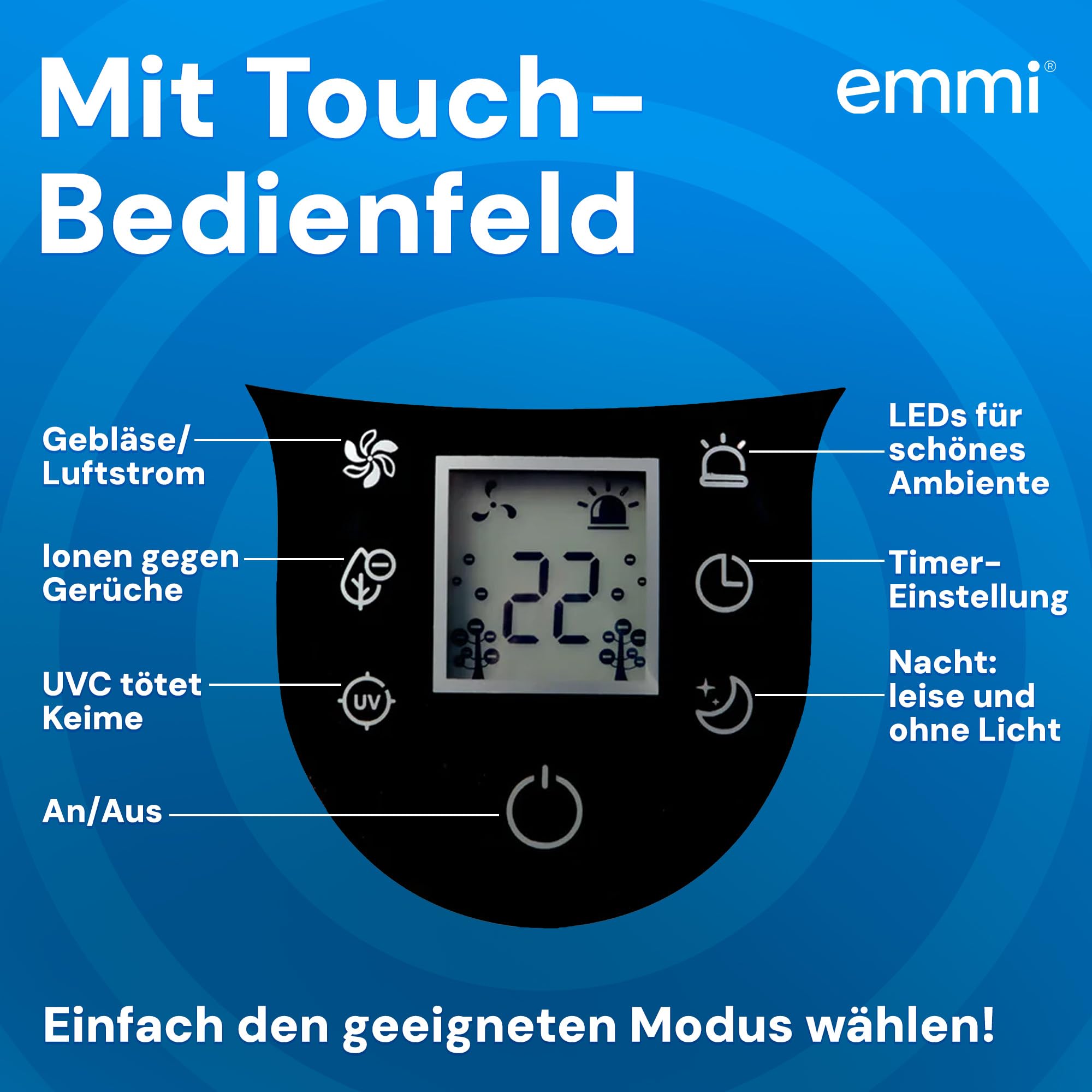 emmi-AIR Luftreiniger bis 35 m² I Leiser Air Purifier ohne Filter I Negative Ionentechnologie gegen Staub, Pollen & Gerüche I Luftreiniger für Allergiker I Energieeffizient & Wartungsfrei