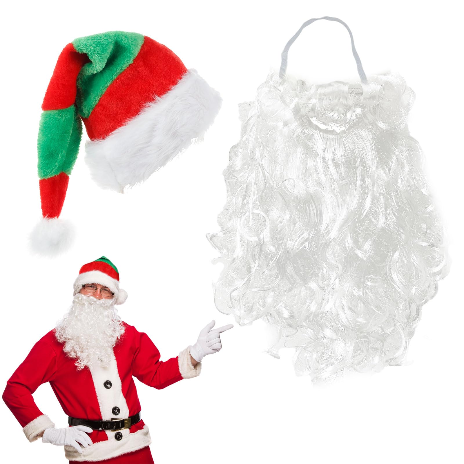 TUONYIS 2 Pieces Santa Costume,Red and Green Striped Christmas Hat Santa Beard,Christmas Decorations Xmas Hat,Santa Hat Santa Mask for Children Adults Christmas Party New Year Festive Party (2 PCS)