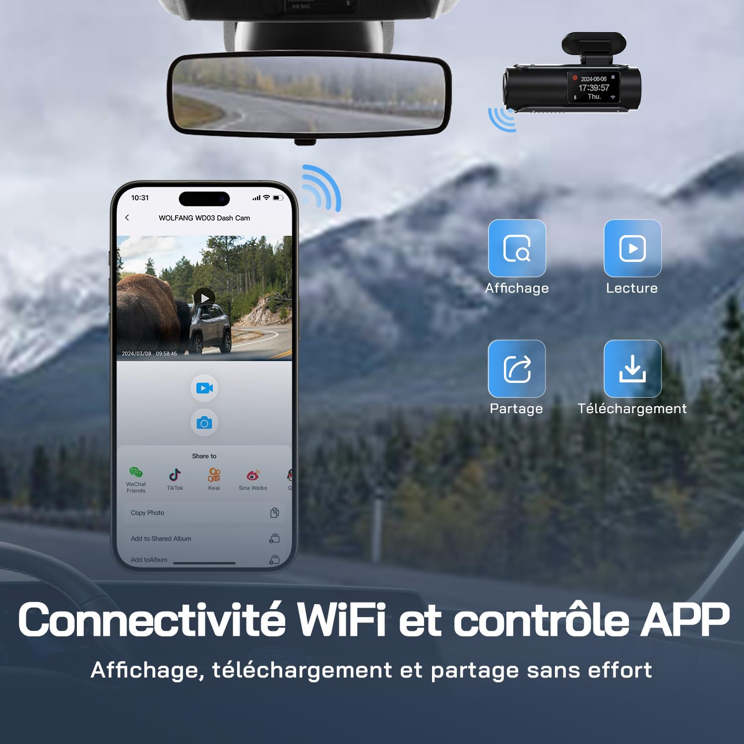 WOLFANG 4K Dashcam Voiture Avant Arrière, Wi-FI Caméra Voiture, Grand Angle 170°, G-Capteur, Mode Stationnement 24H, Vision Nocturne, Enregistrement en Boucle