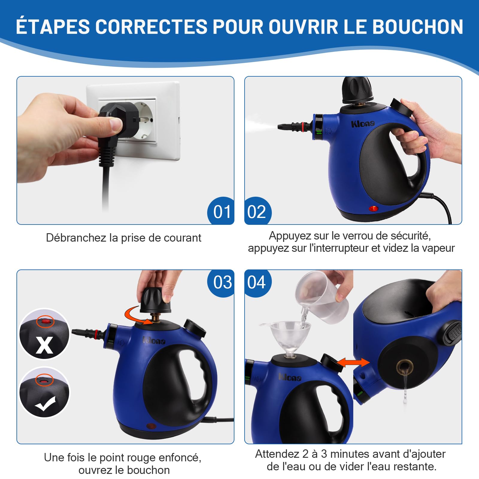 Klona Nettoyeur vapeur portable pour la maison - Nettoyeur vapeur multifonction avec 10 accessoires pour tapis, rideaux, canapés, cuisine, salle de bain et plus encore (bleu marine)