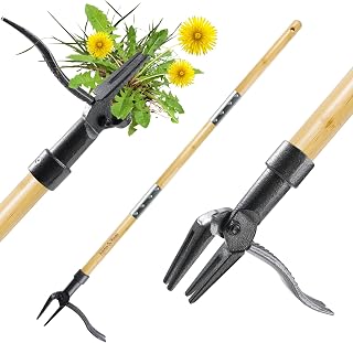 BellaJoyz Stand-Up Weed Puller Tool - 46" Bamboo Handle, 4-Claw Stainless Steel Head for Back-Pain-Free Lawn Weeding