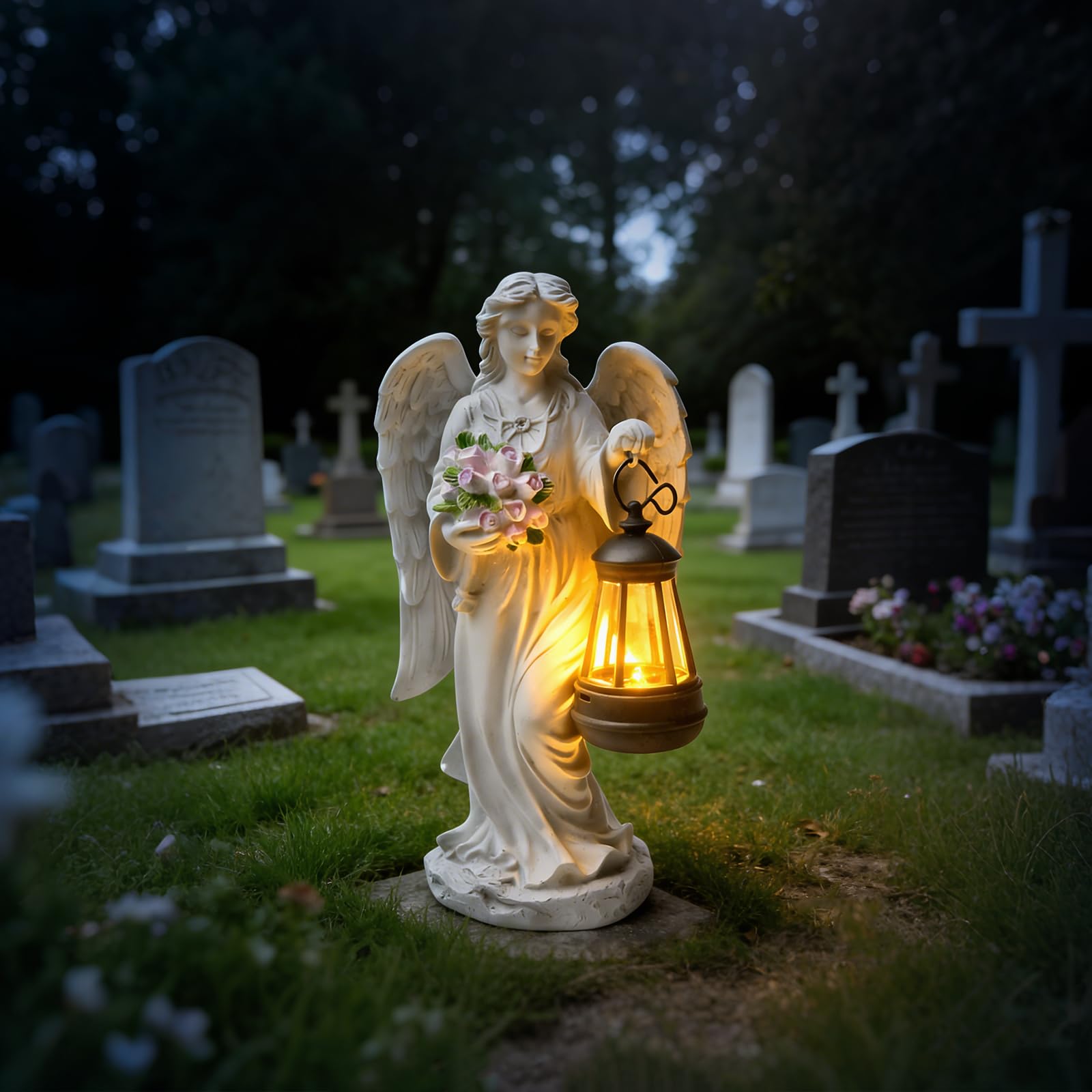 GOMETY Estatuas de ángel solar para jardín, figura de ángel de la guarda con linterna solar LED, luz para tumba, decoración al aire libre, escultura de ángel, decoración de césped, figura de ángel de