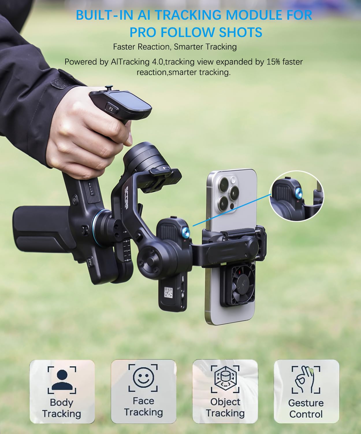 FeiyuTech Scorp Mini 3 Stabilizzatore Gimbal per iPhone Android a 3 assi con Tracciamento AI Incorporato, Carico Utile di 2KG, Ventola di Raffreddamento e Design Dell'impugnatura, Touch Screen
