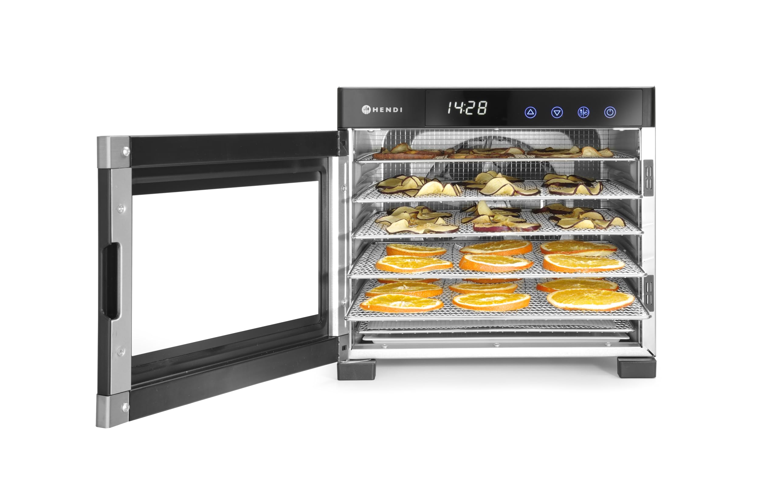 HENDI Essiccatore alimentare, con 6 griglie, per l’essiccazione di frutta, verdura e carne, timer, intervallo di temperatura da 35º a 75ºC, 230V/600W, 340x450x(H)311mm, acciaio inossidabile