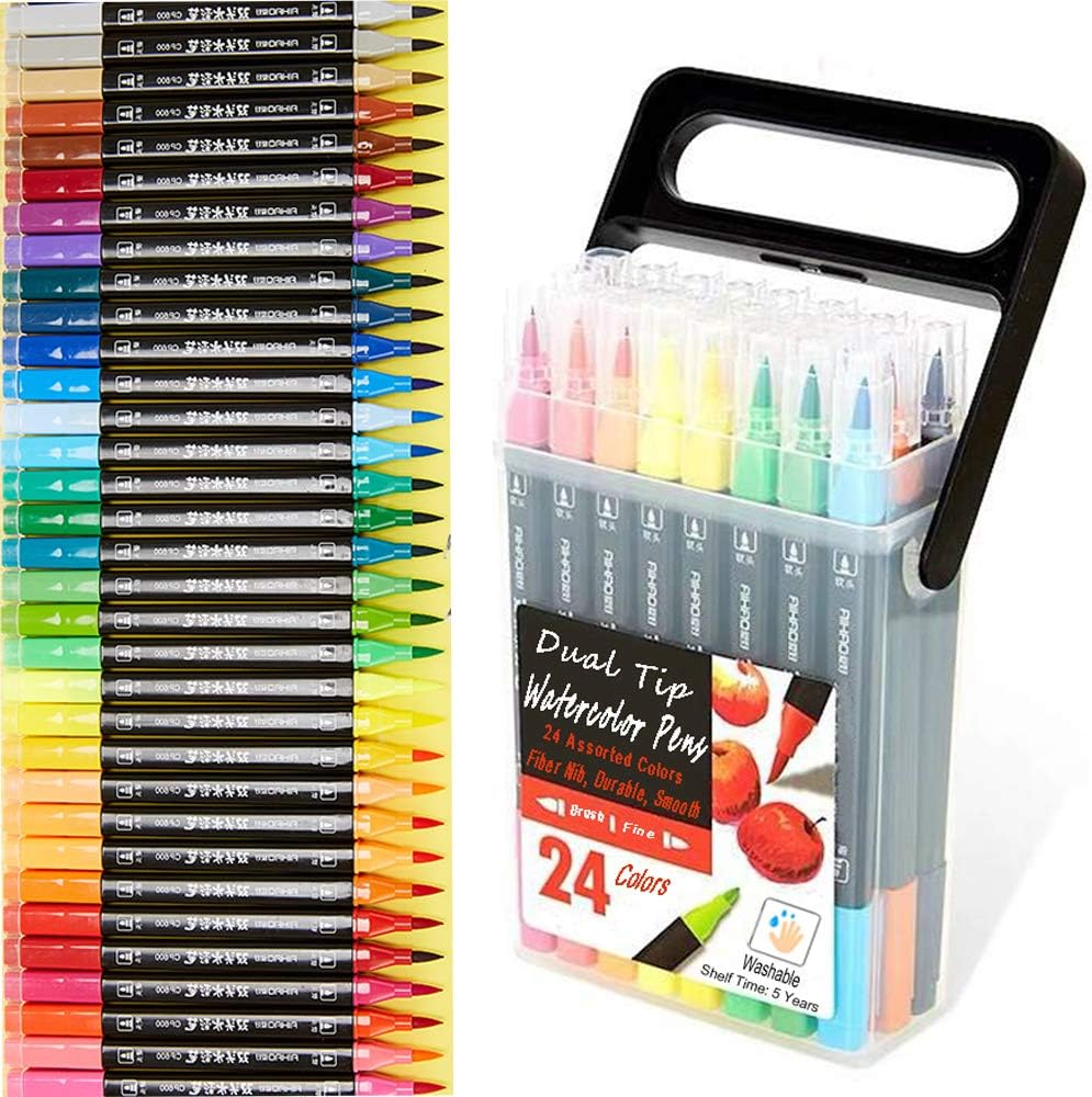 Dual Tip Markers for Kids, Washable Markers Set, Art Marker with Stand Portable Box, Gift For Kids (24 Colours)