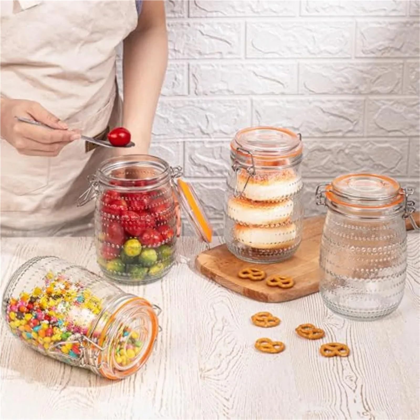 Paquete de 6 tarros cristal con tapas herméticas, conservas boca ancha superiores Clip for almacenamiento cocina, ensalada encurtida para Cocina