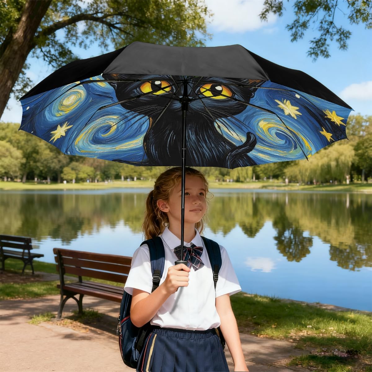 Black Cat Starry Night Folding Umbrella Windproof Compact Lightweight Travel Umbrella with 8 Reinforced Ribs, Portable UV Sun & Rain Protection for Men & Women