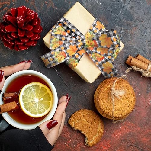 Miniatura 3 de Hying 2 rollos de cintas de calabaza de otoño para lazos, cintas de borde con alambre de Acción de Gracias, cinta de arpillera a cuadros de búfalo