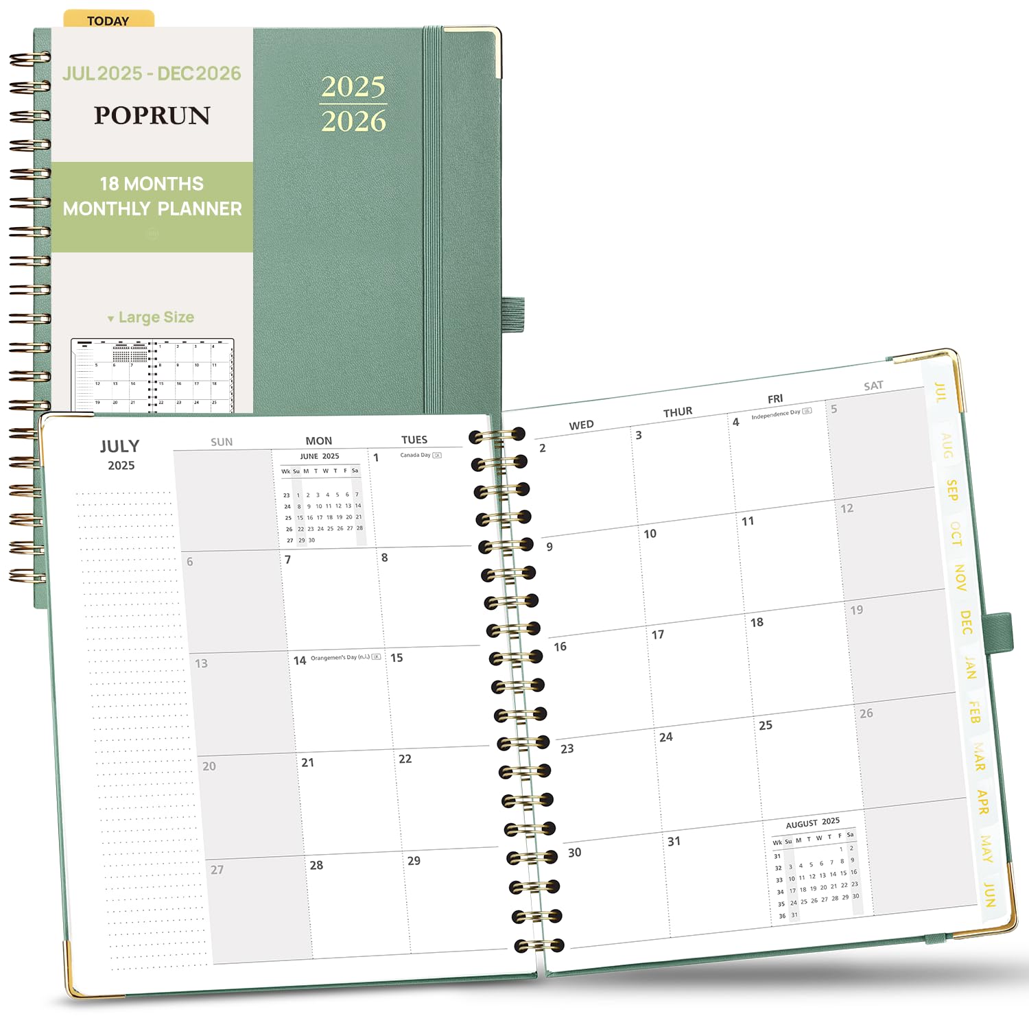 POPRUN Monthly Planner 2025-2026 Spiral Hardcover (8'' x 10''), 18 Months Calendar (Jul.2025 - Dec.2026) - 2 Pages per Month with Dotted Note Pages,