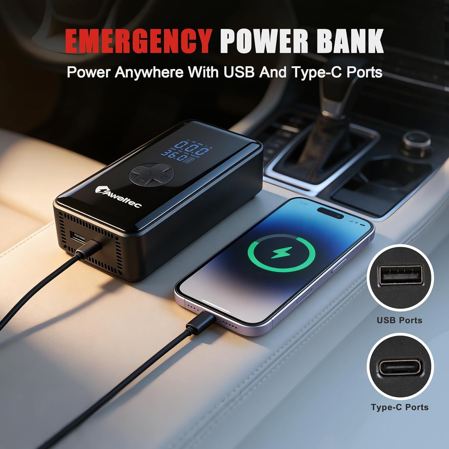 Cordless Tire Inflator – Portable Air Compressor with Digital Display, 1500mAh Battery, 150PSI Max, 32L/Min Fast Inflation, 3-in-1 LED Light (SOS/Flash), USB-C Charging