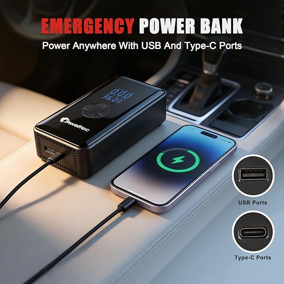 Cordless Tire Inflator Portable Air Compressor with Digital Display, 1500mAh Battery, 150PSI Max, 32L/Min Fast Inflation, 3-in-1 LED Light (SOS/Flash), USB-C Charging