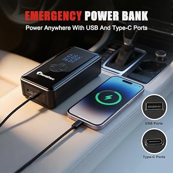 Cordless Tire Inflator Portable Air Compressor with Digital Display, 1500mAh Battery, 150PSI Max, 32L/Min Fast Inflation, 3-in-1 LED Light (SOS/Flash), USB-C Charging