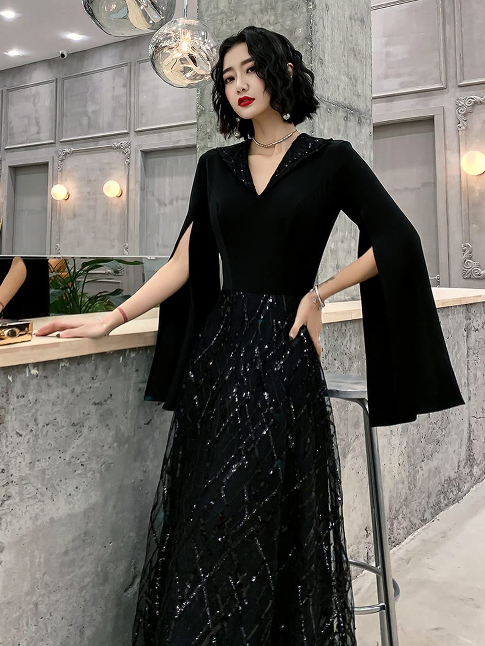 Amazon.co.jp: ロング ドレス パーティードレス 個性的 黒 袖あり v  